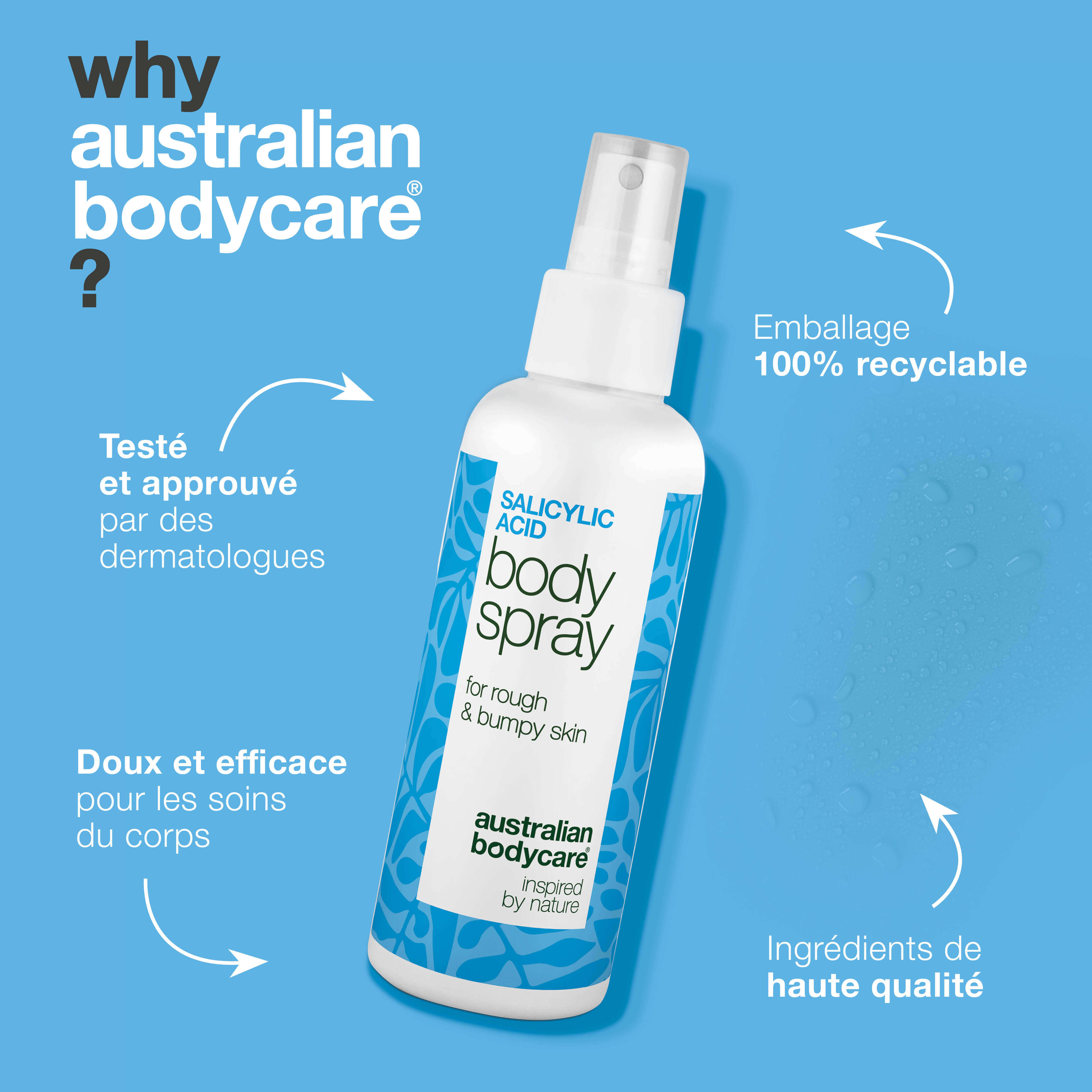 Spray à l’acide salicylique pour boutons et pores obstrués — Spray contre boutons et pores bouchés. Contient 2 % d’acide salicylique et acide glycolique pour purifier et lisser la peau.