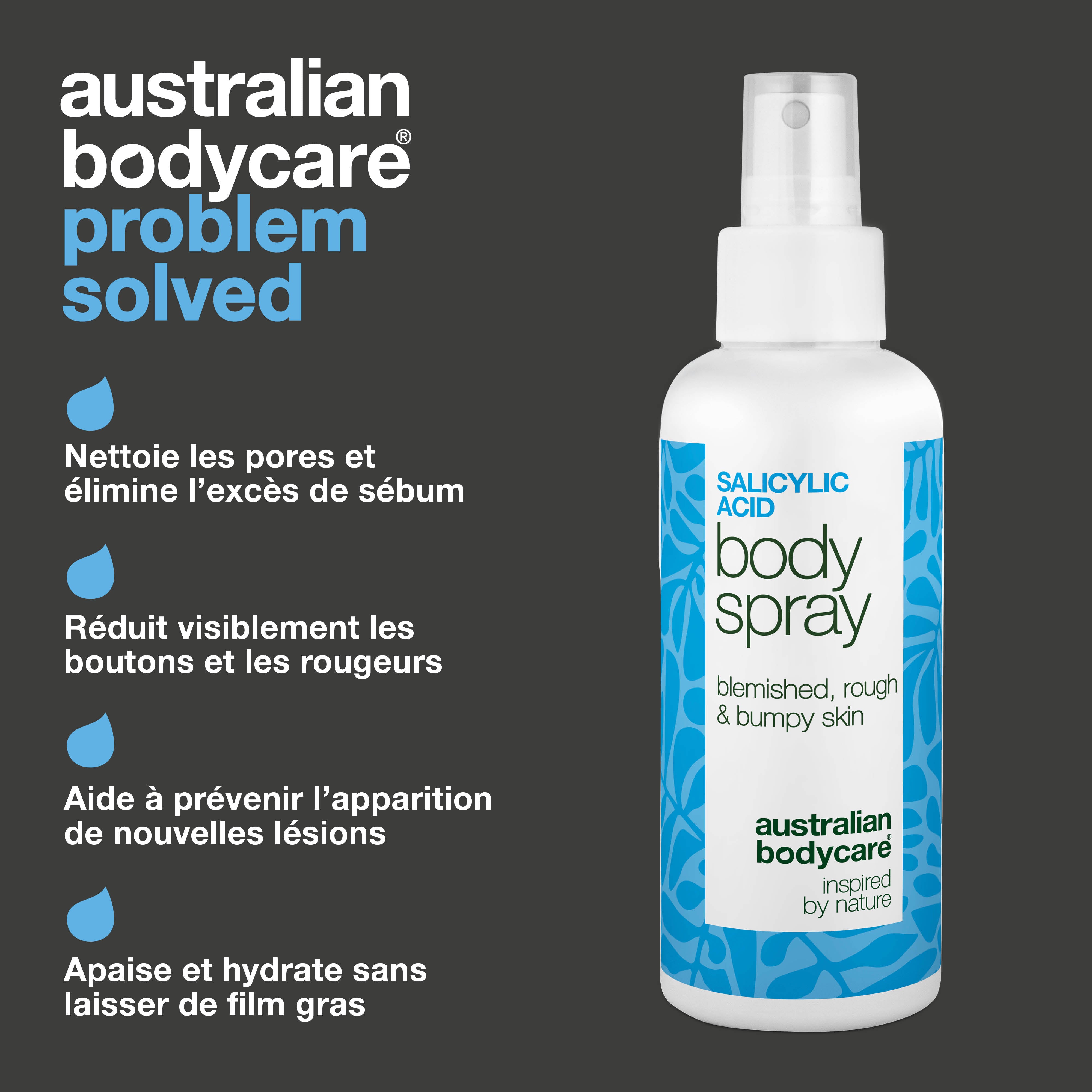 Spray à l’acide salicylique pour boutons et pores obstrués — Spray contre boutons et pores bouchés. Contient 2 % d’acide salicylique et acide glycolique pour purifier et lisser la peau.