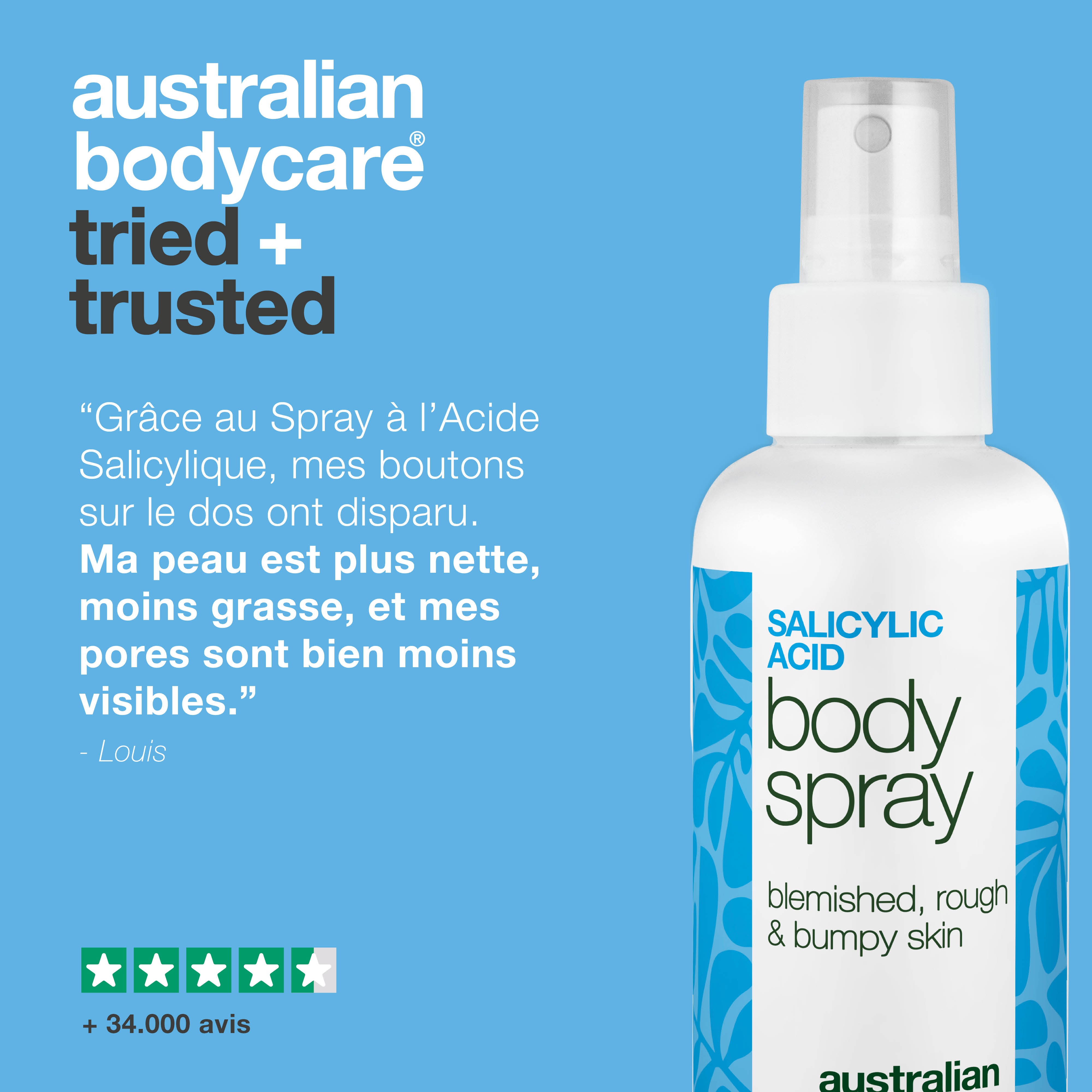 Spray à l’acide salicylique pour boutons et pores obstrués — Spray contre boutons et pores bouchés. Contient 2 % d’acide salicylique et acide glycolique pour purifier et lisser la peau.