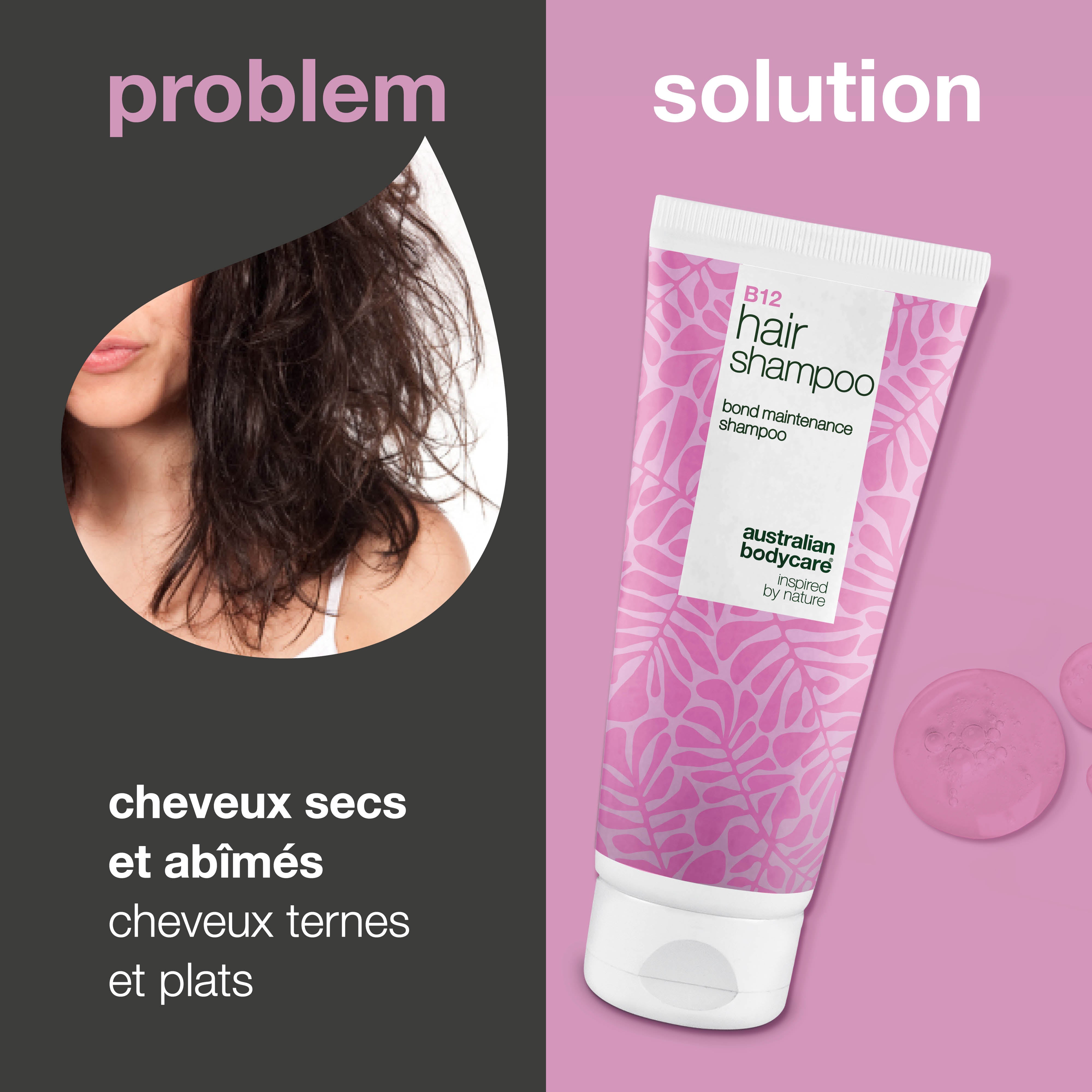 Le Shampooing à la Vitamine B12 répare et renforce les cheveux abîmés grâce à l’effet bond qui restaure la fibre.