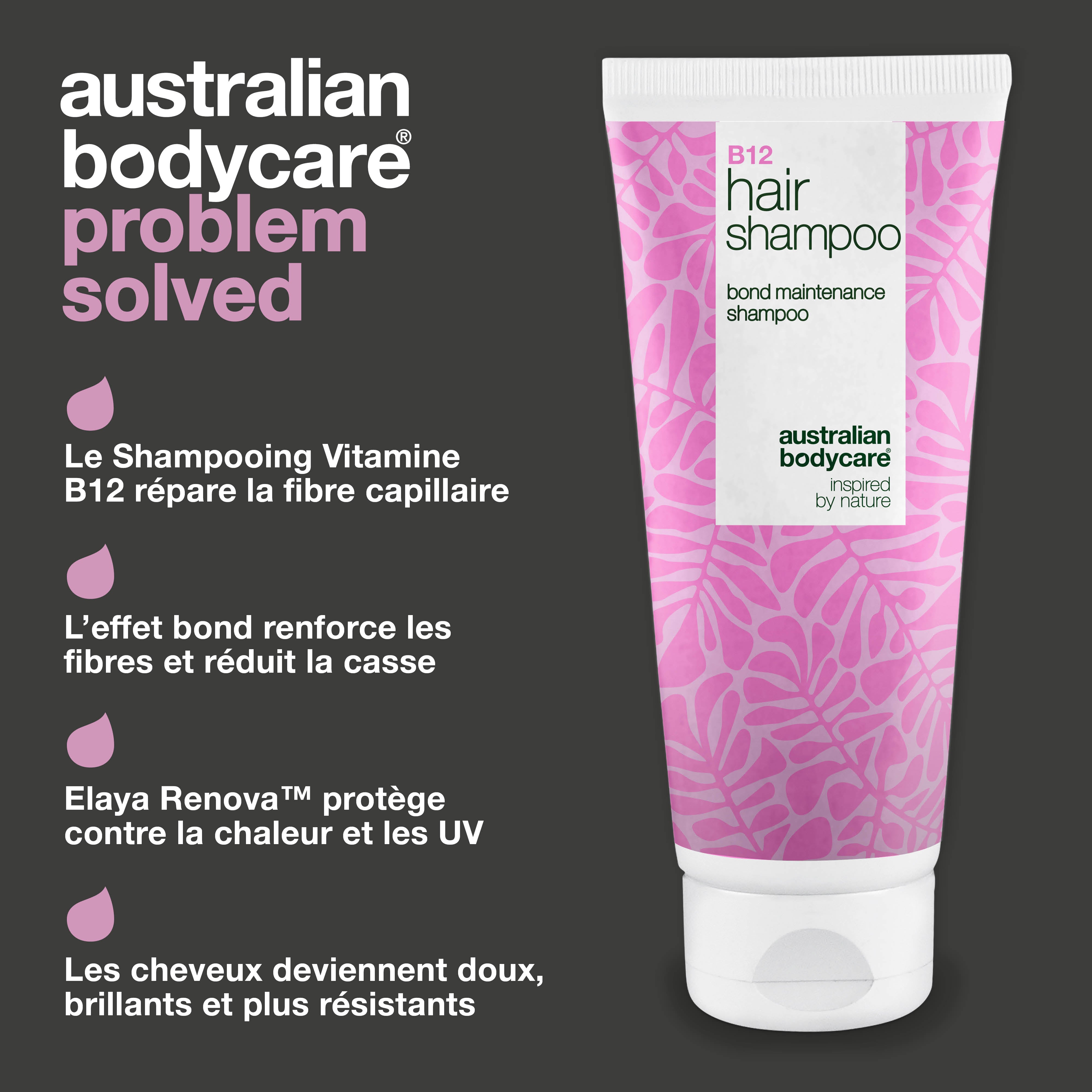 Le Shampooing à la Vitamine B12 répare et renforce les cheveux abîmés grâce à l’effet bond qui restaure la fibre.