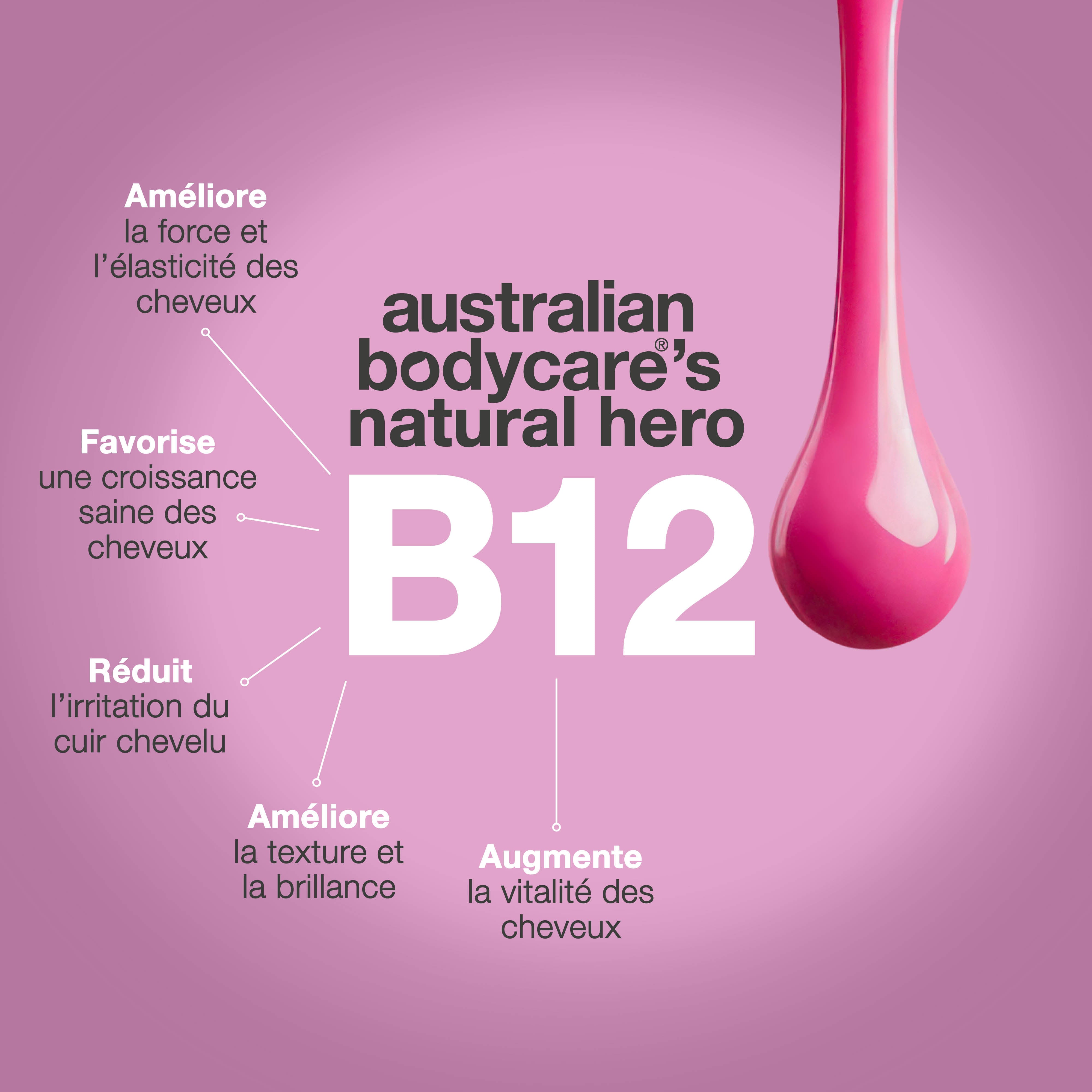 La vitamine B12 d’Australian Bodycare améliore la force et l’élasticité des cheveux, favorise une pousse saine et apporte de la brillance