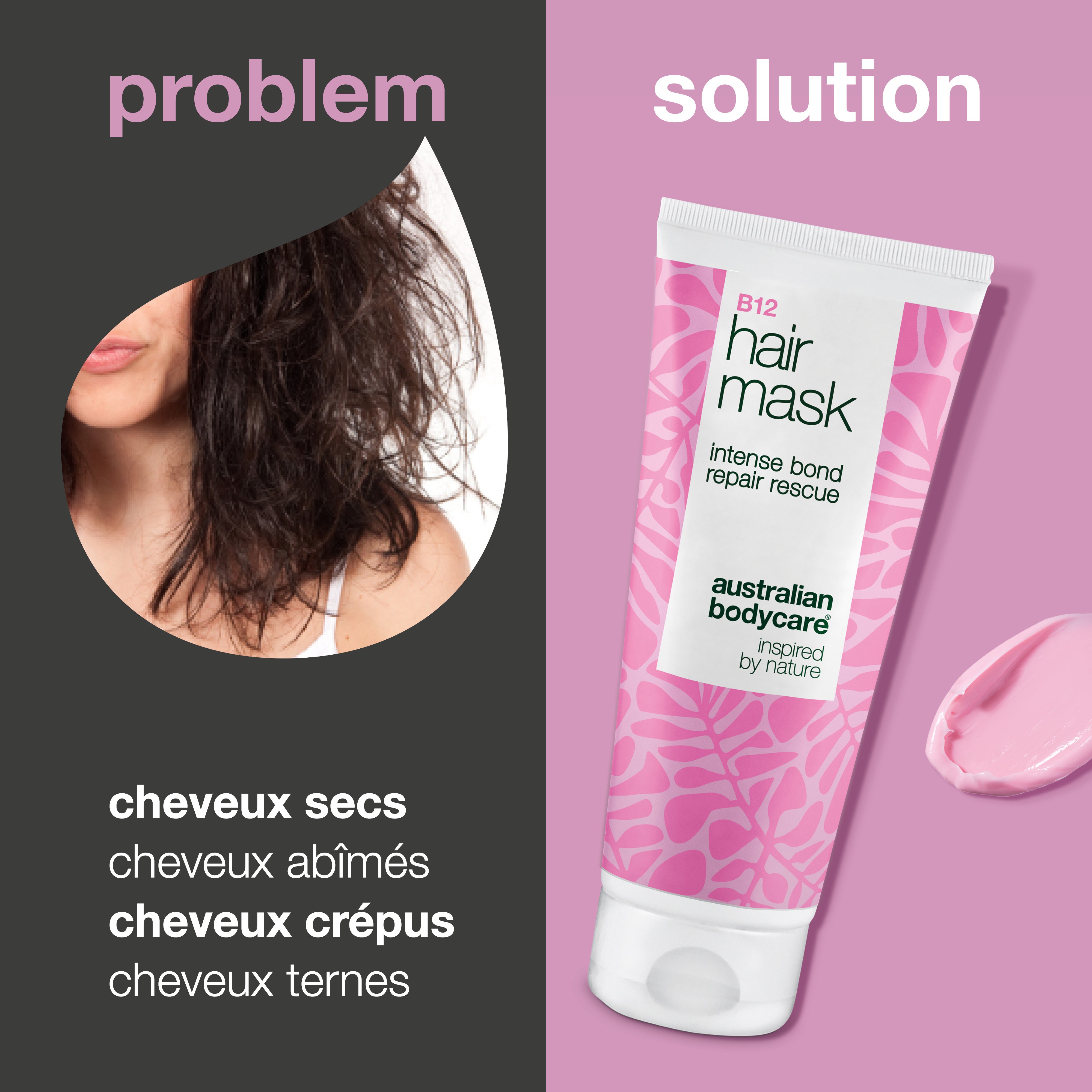 Problème et solution : cheveux secs, abîmés, frisottés et ternes face à Masque Capillaire B12 d’Australian Bodycare