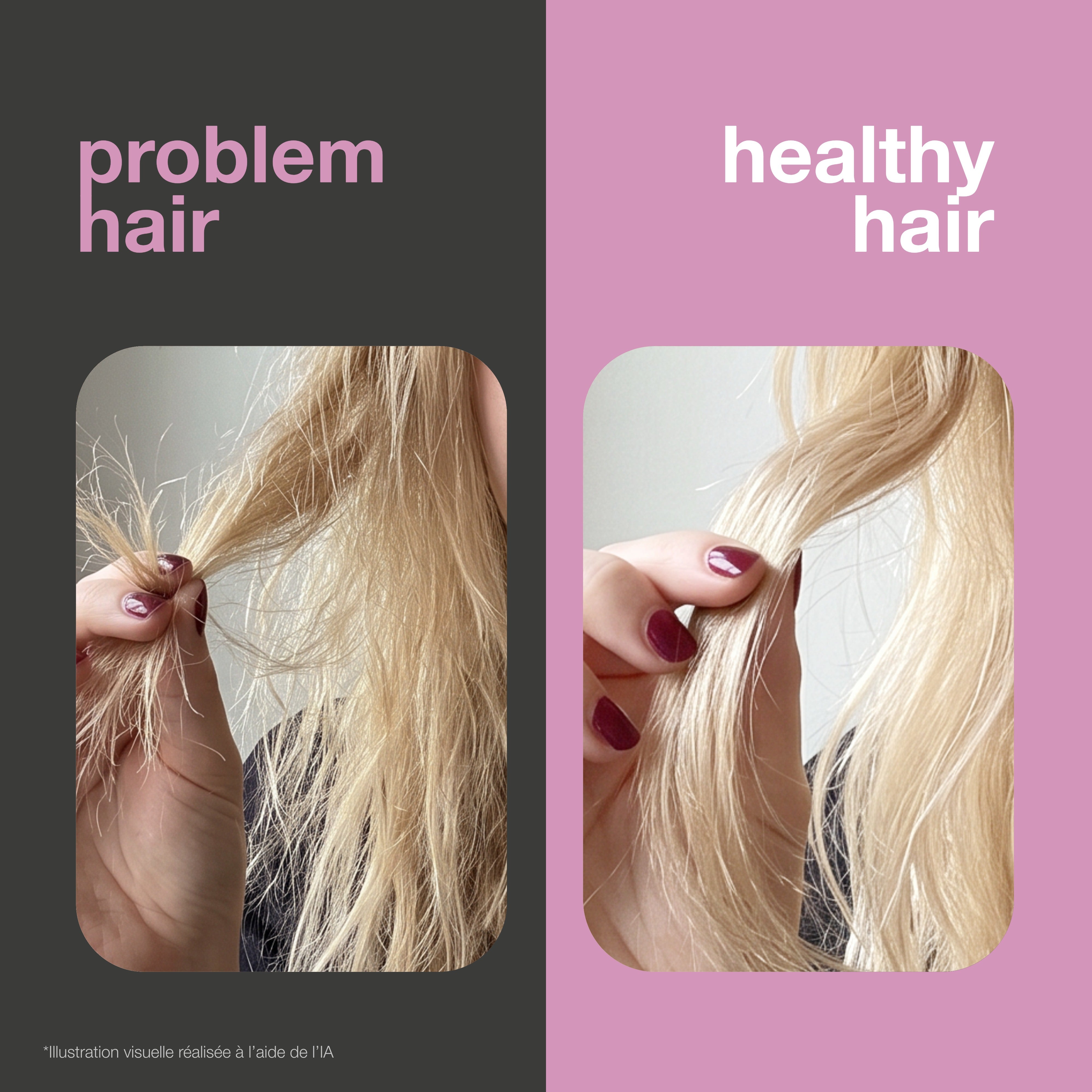 Avant et après : cheveux secs, abîmés et fourchus face à des cheveux doux et brillants. Illustration visuelle.