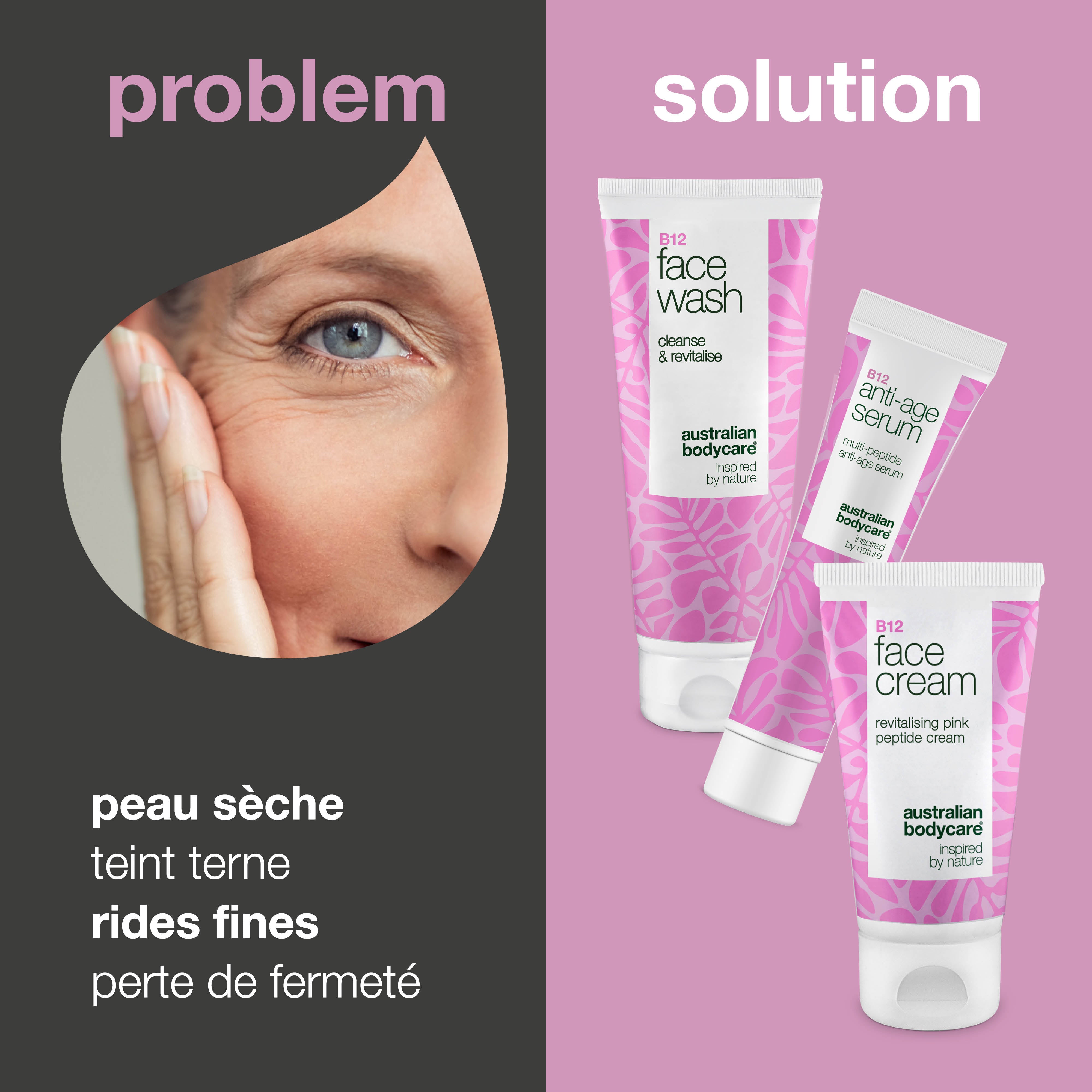 Nettoyant pour le visage, sérum et crème à la B12 pour peaux matures — Soins efficaces pour les peaux matures. Nettoyant, sérum et crème B12 pour une peau ferme et éclatante.