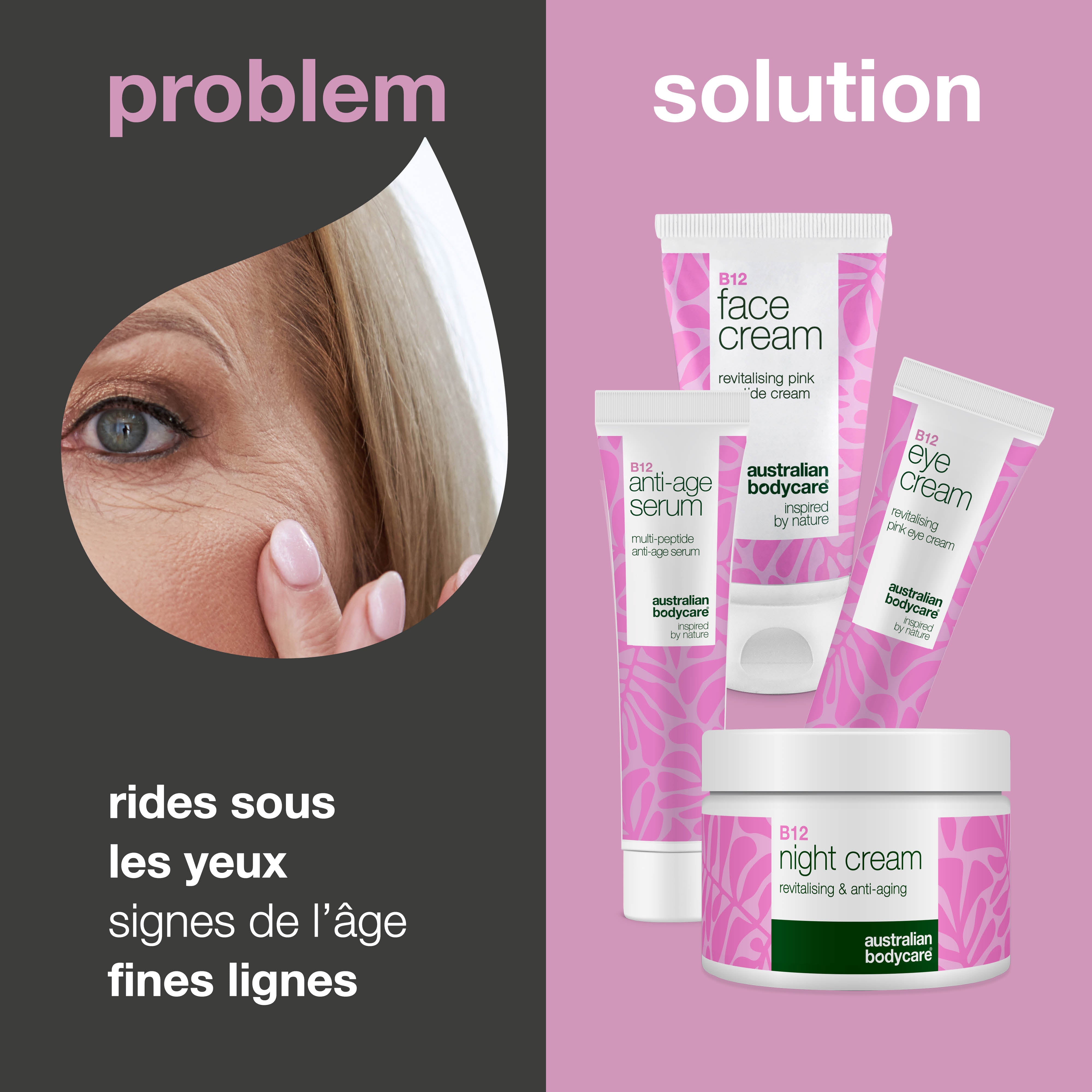 Des rides sous les yeux ? Ensemble de soins de la peau B12 efficace — Soins de la peau efficaces avec de la B12, de l'acide hyaluronique et des peptides pour une peau jeune.