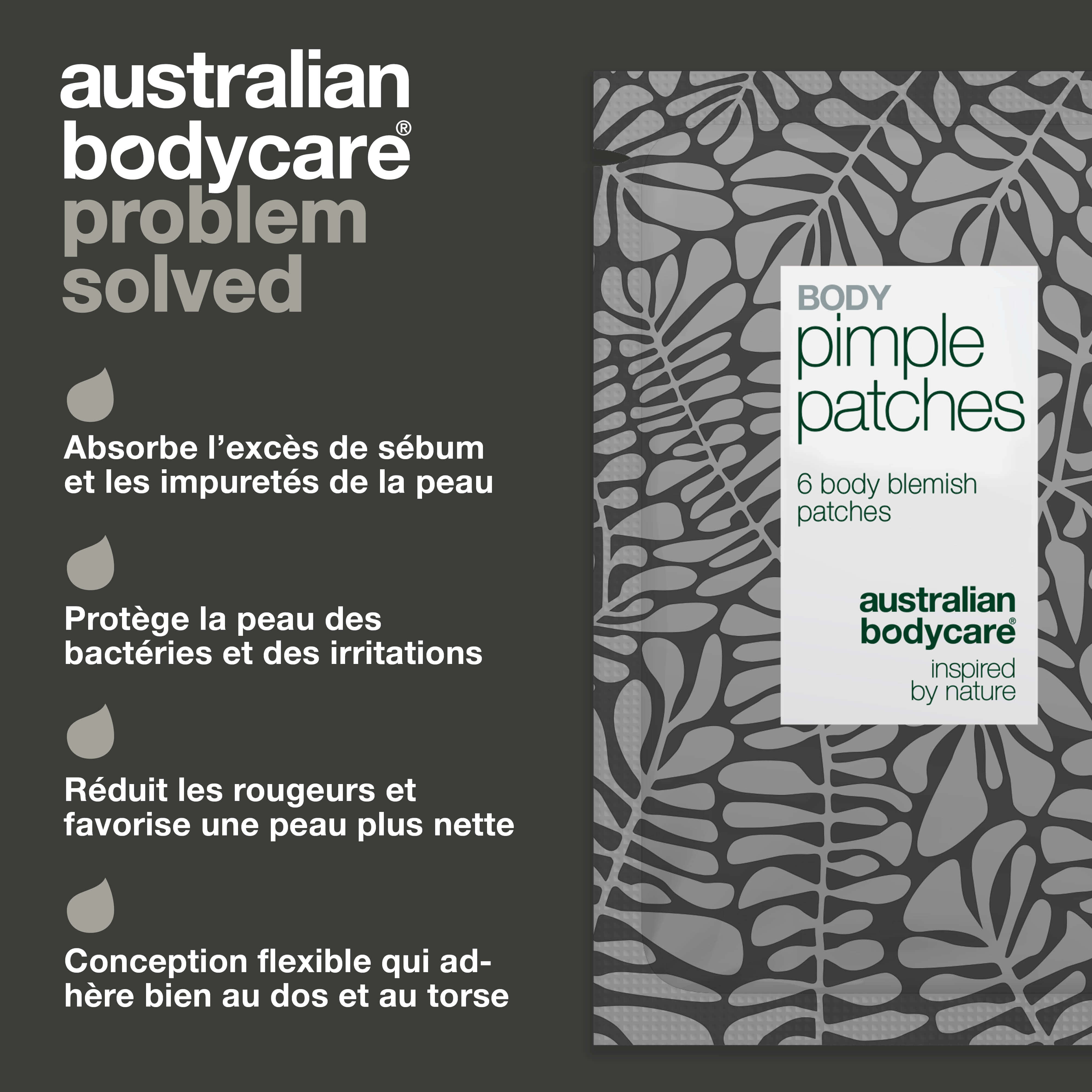 Body Pimple Patches – Patchs anti-boutons pour le corps — Éliminez boutons et impuretés sur le dos et le torse. Absorbe l’excès de sébum et protège la peau des bactéries.
