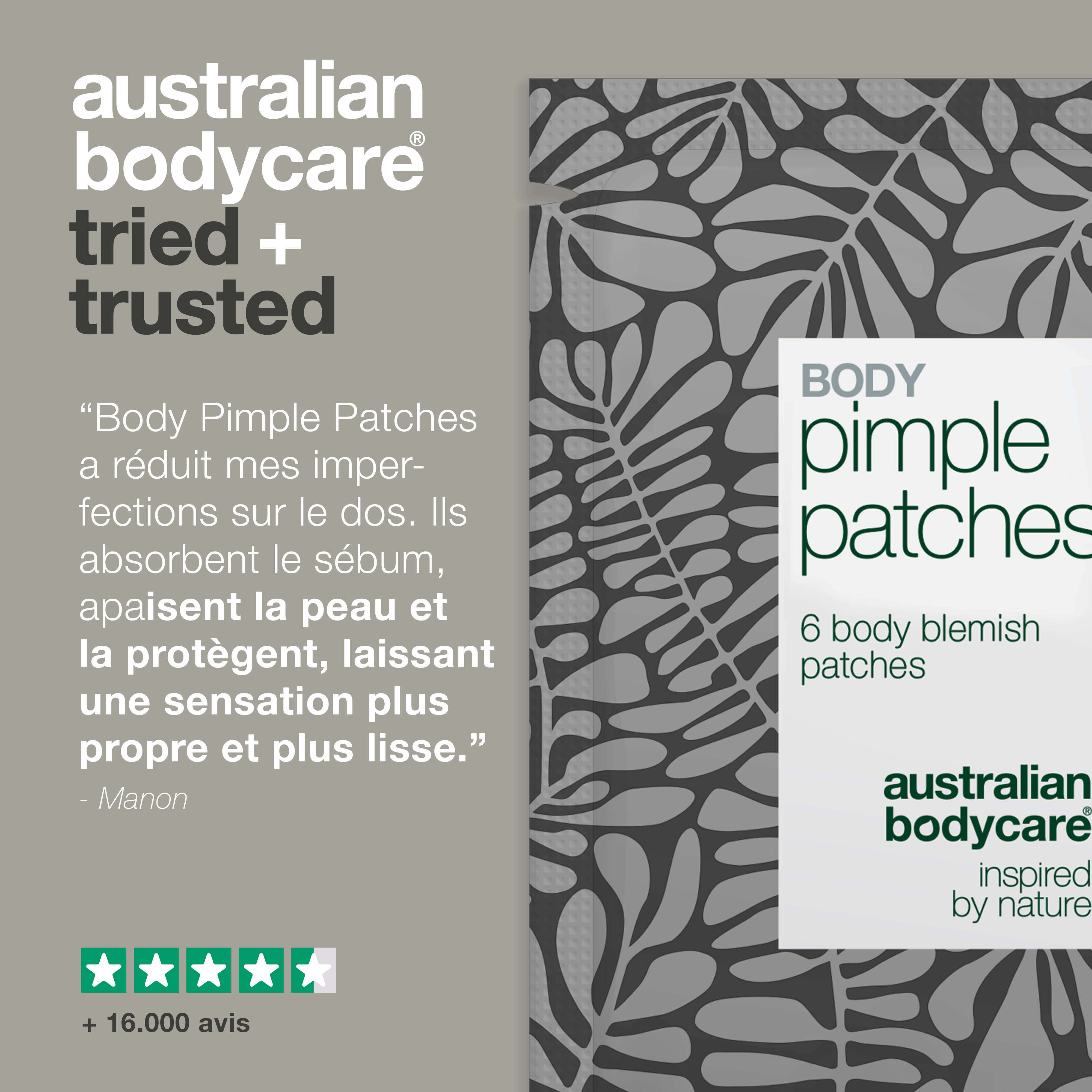 Body Pimple Patches – Patchs anti-boutons pour le corps — Éliminez boutons et impuretés sur le dos et le torse. Absorbe l’excès de sébum et protège la peau des bactéries.