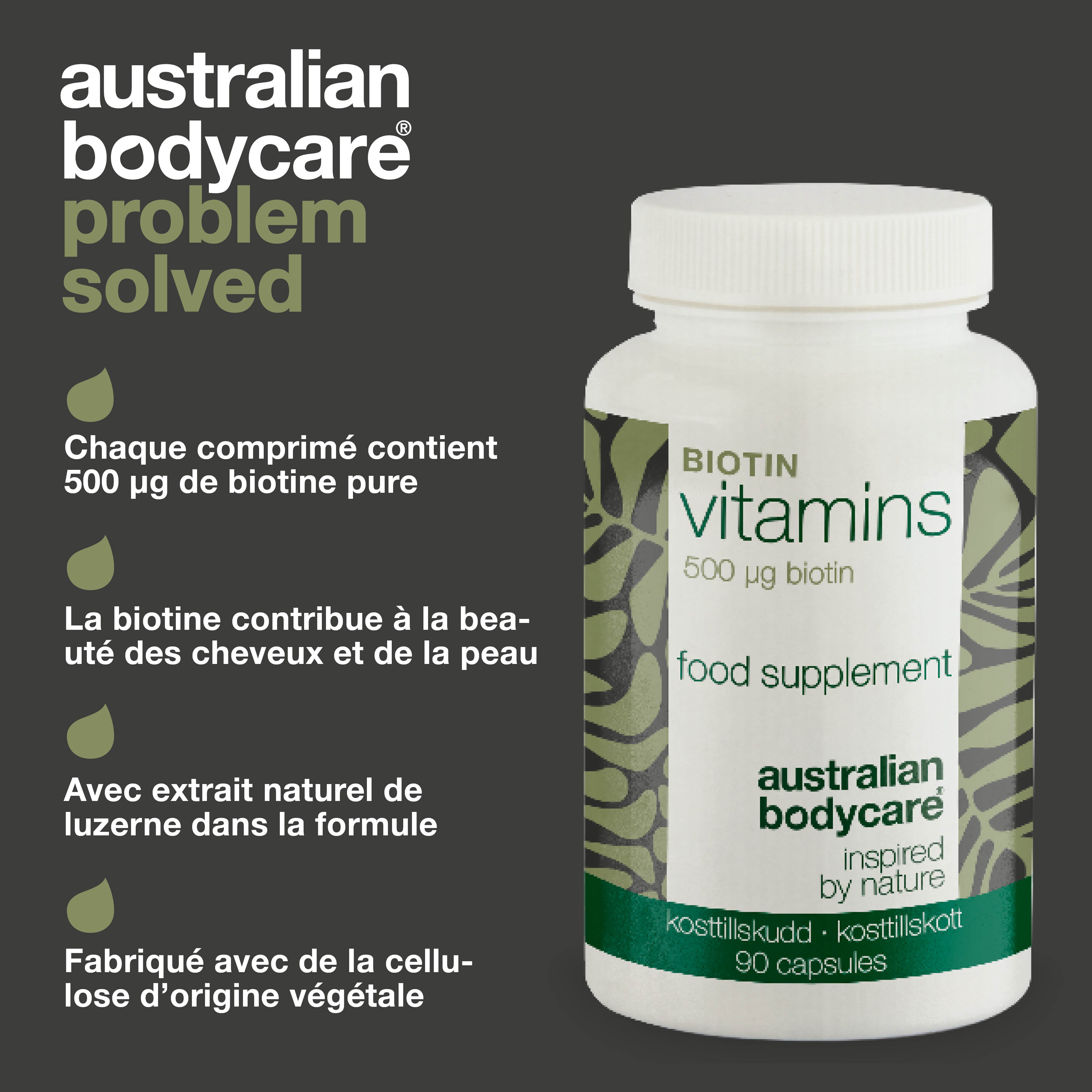 Complément biotine 500 µg – Vitamine B7 – 90 doses — Complément à la biotine avec 500 µg de B7 – pour usage quotidien. Soutient peau, cheveux, nerfs. Ingrédients : biotine, luzerne, cellulose.