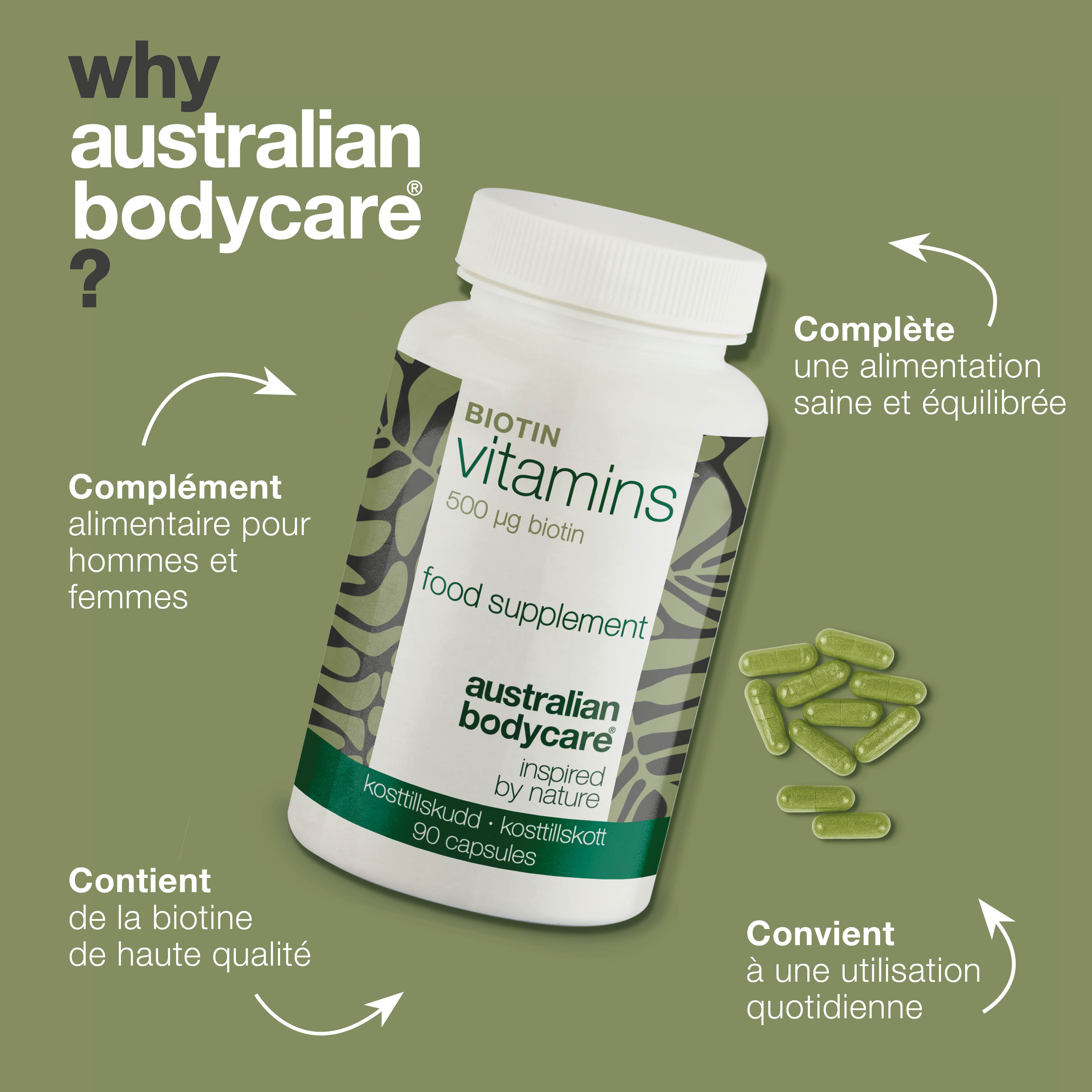 Complément biotine 500 µg – Vitamine B7 – 90 doses — Complément à la biotine avec 500 µg de B7 – pour usage quotidien. Soutient peau, cheveux, nerfs. Ingrédients : biotine, luzerne, cellulose.