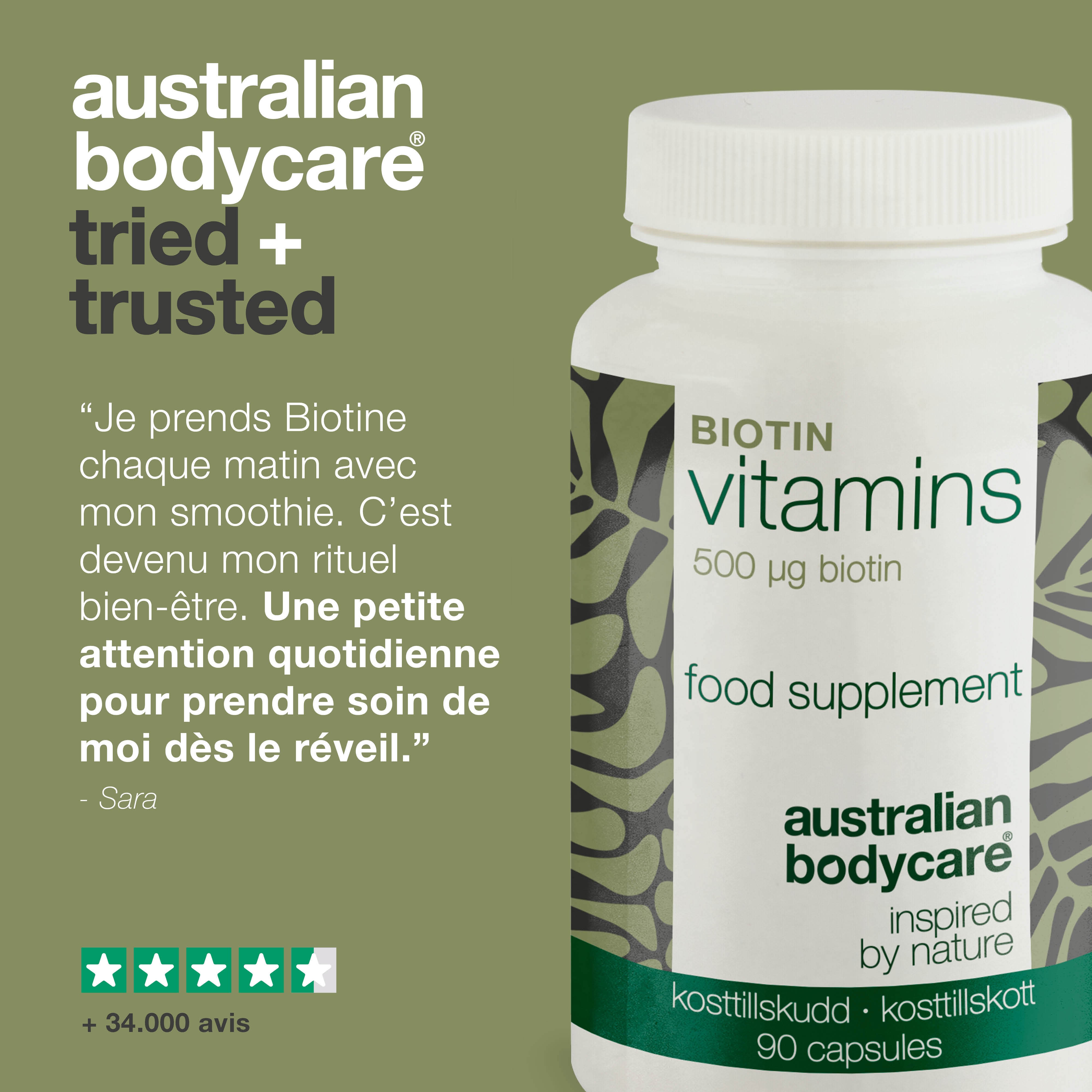 Complément biotine 500 µg – Vitamine B7 – 90 doses — Complément à la biotine avec 500 µg de B7 – pour usage quotidien. Soutient peau, cheveux, nerfs. Ingrédients : biotine, luzerne, cellulose.