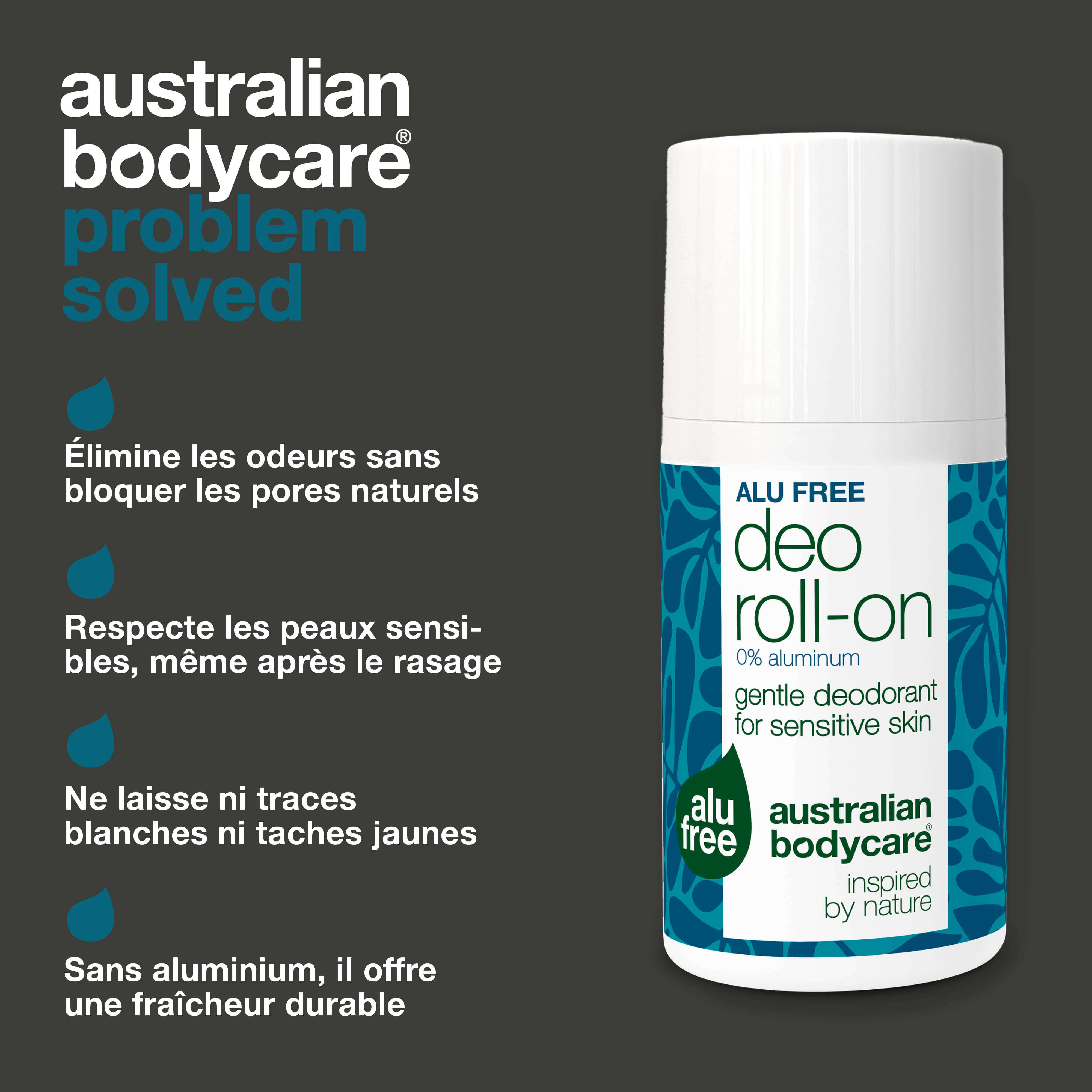 Déodorant naturel sans aluminium. Réduit les mauvaises odeurs, l’humidité et les rougeurs. Formulé avec 4-terpinéol, octénidine, acide lactique et glycérine.