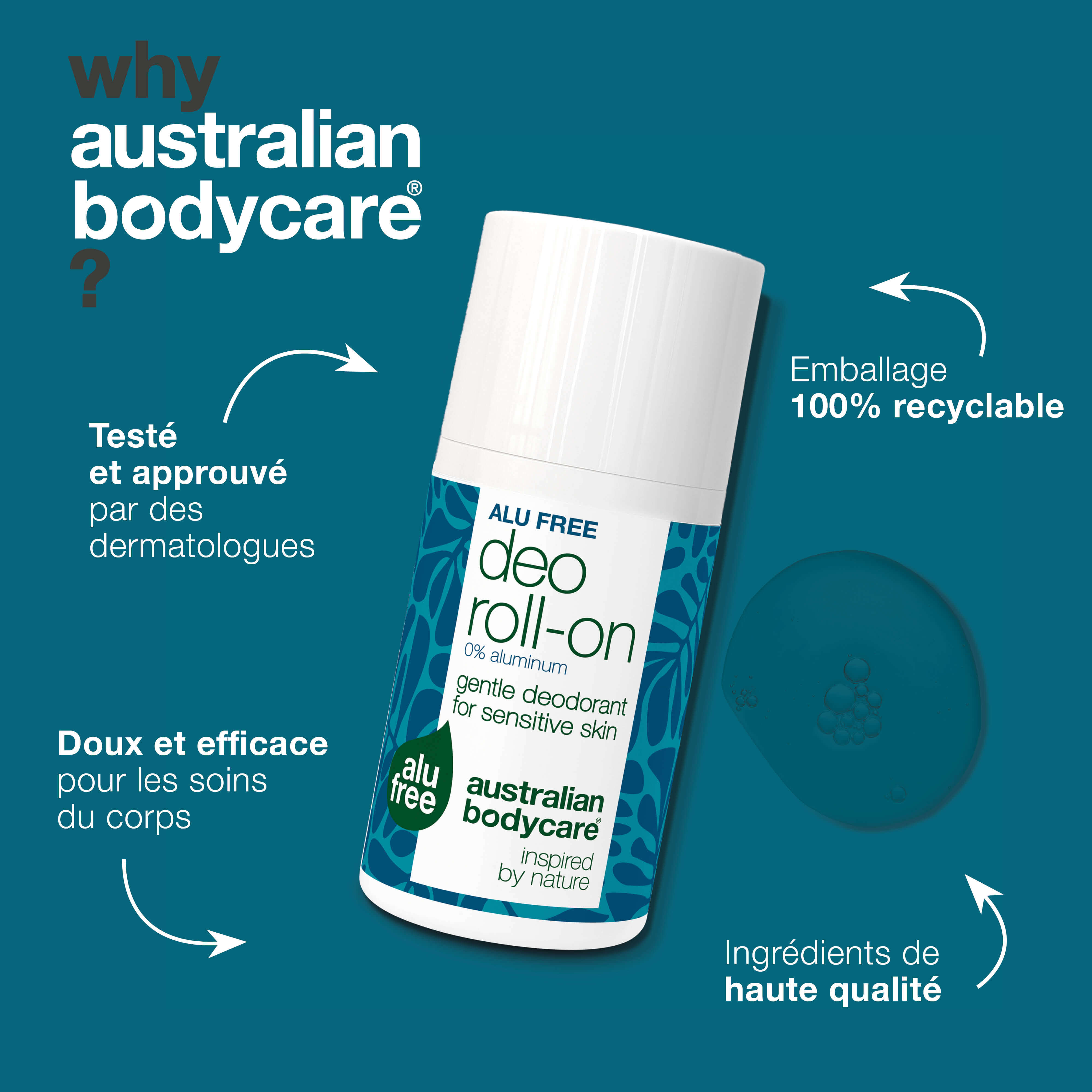 Déodorant naturel sans aluminium. Réduit les mauvaises odeurs, l’humidité et les rougeurs. Formulé avec 4-terpinéol, octénidine, acide lactique et glycérine.