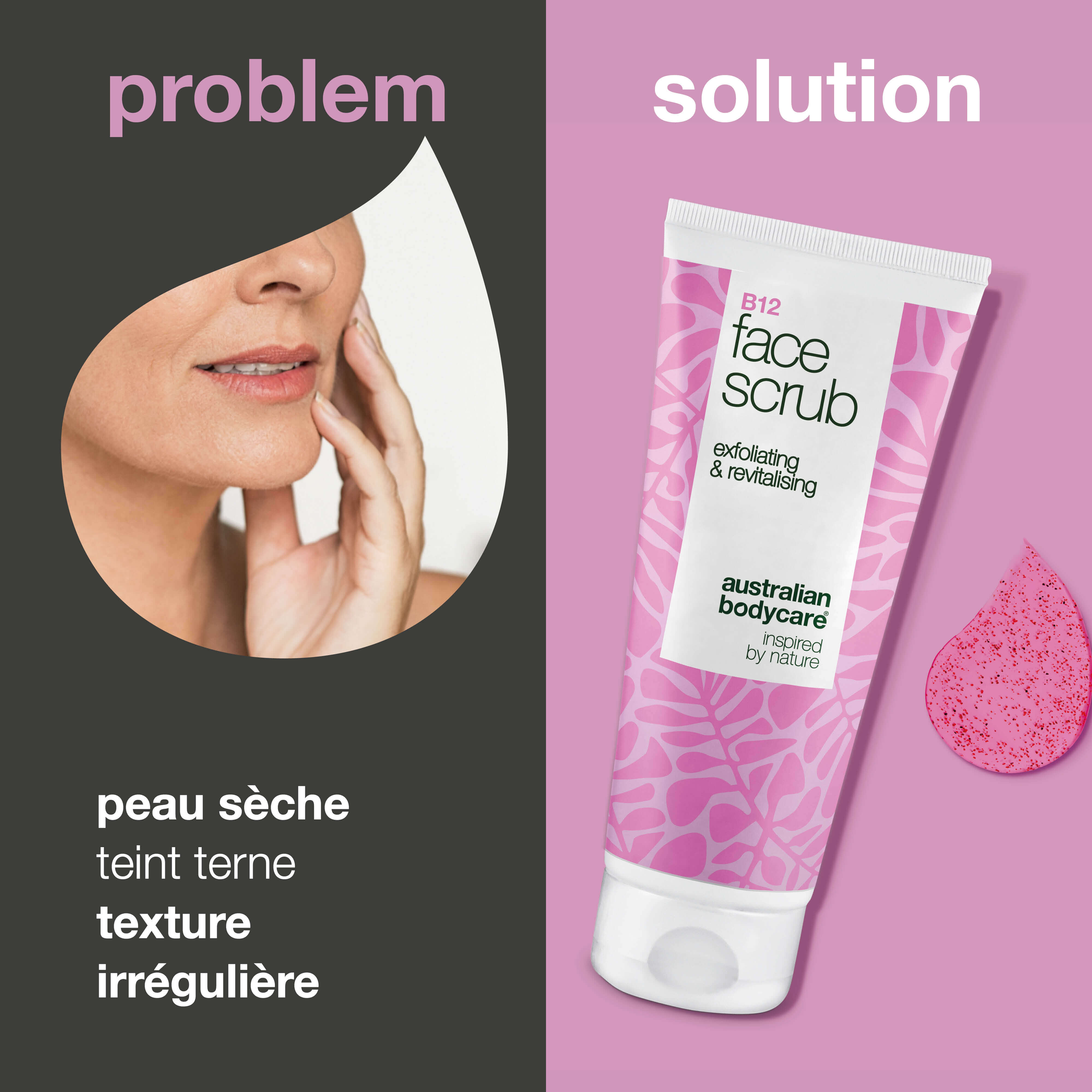 Gommage visage pour nettoyer et exfolier une peau terne. Avec vitamine B12, acide glycolique et poudre de noyau d’abricot pour une peau douce et lumineuse.