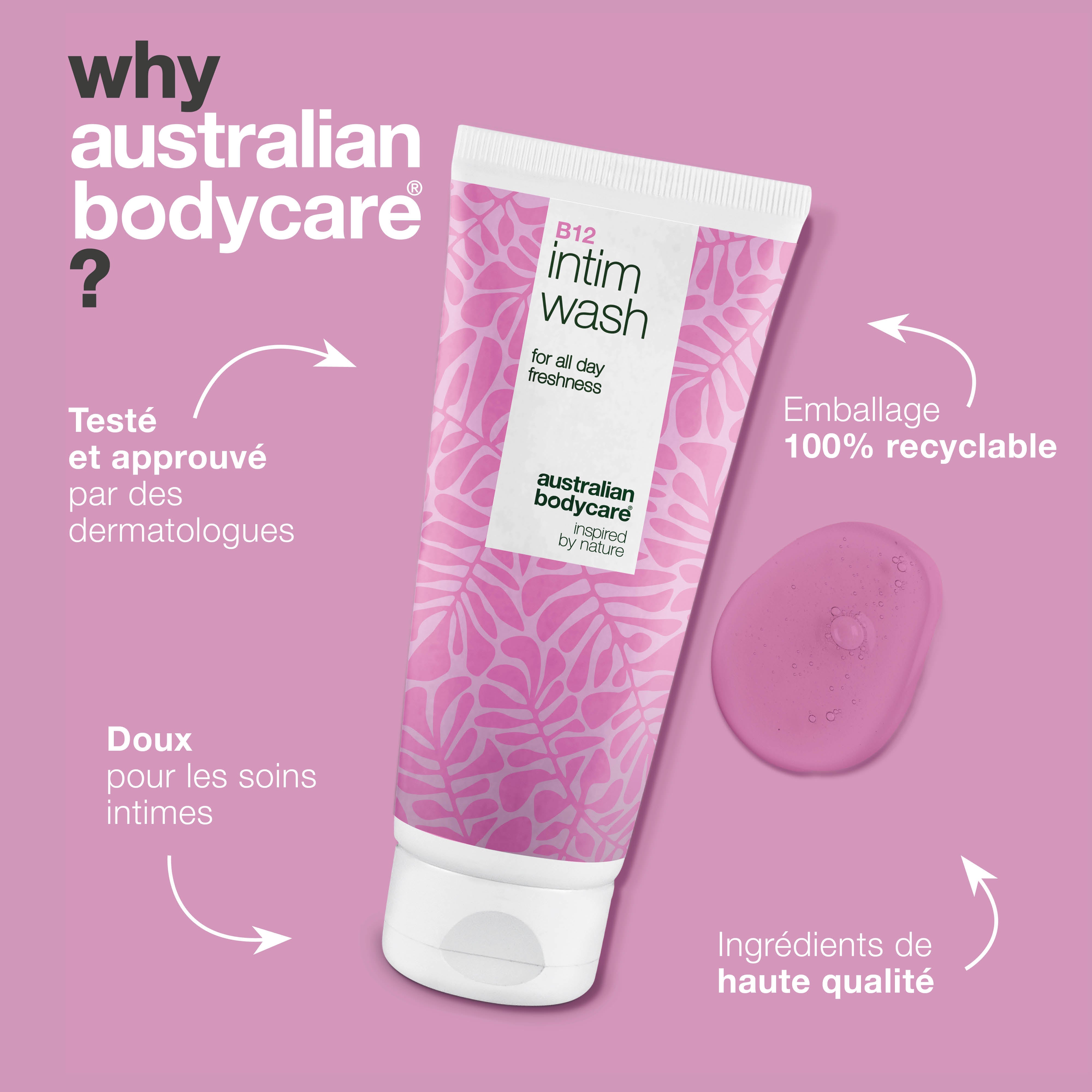 Gel intime contre la sécheresse, l'irritation et l'inconfort. Avec vitamine B12, glycérine hydratante et agents lavants d’origine végétale.