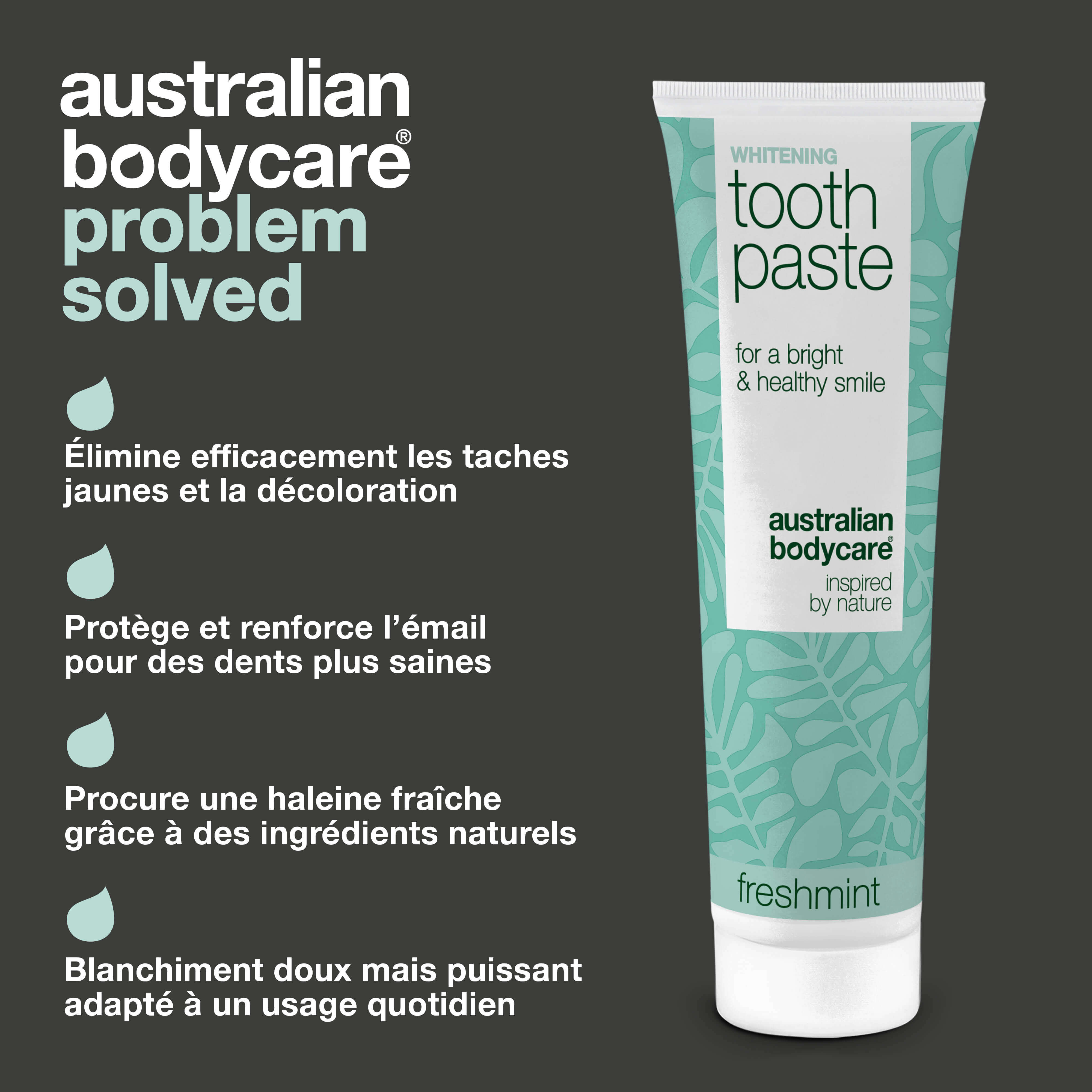 Dentifrice Blanchissant – Élimine les taches et blanchit les dents — Dentifrice blanchissant qui lutte contre les dents jaunes et protège l’émail. Avec silice hydratée, alumine et menthol pour une haleine fraîche.