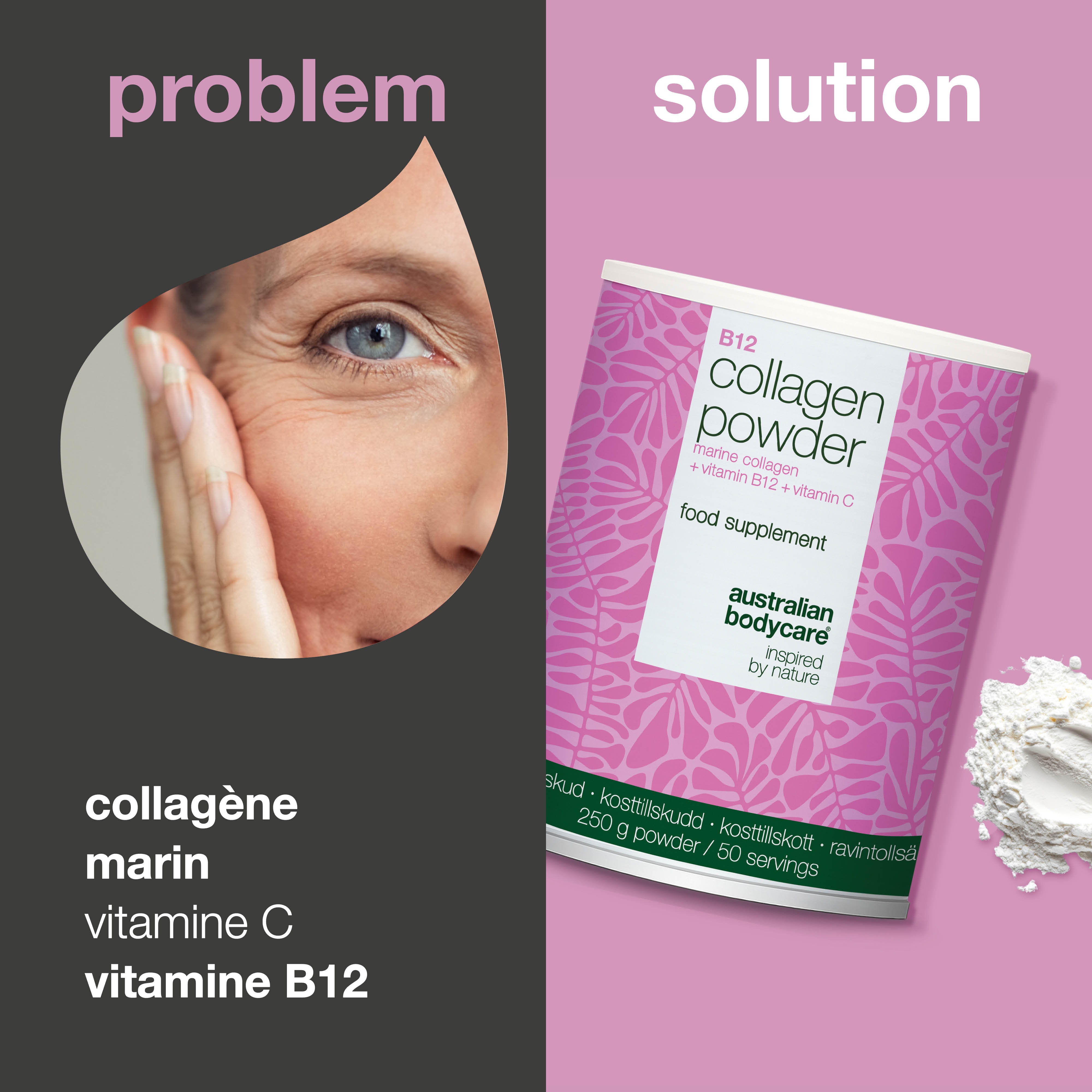 Poudre de collagène pour compléter votre alimentation au quotidien. Facile à mélanger dans vos boissons. Collagène marin, vitamines C et B12.