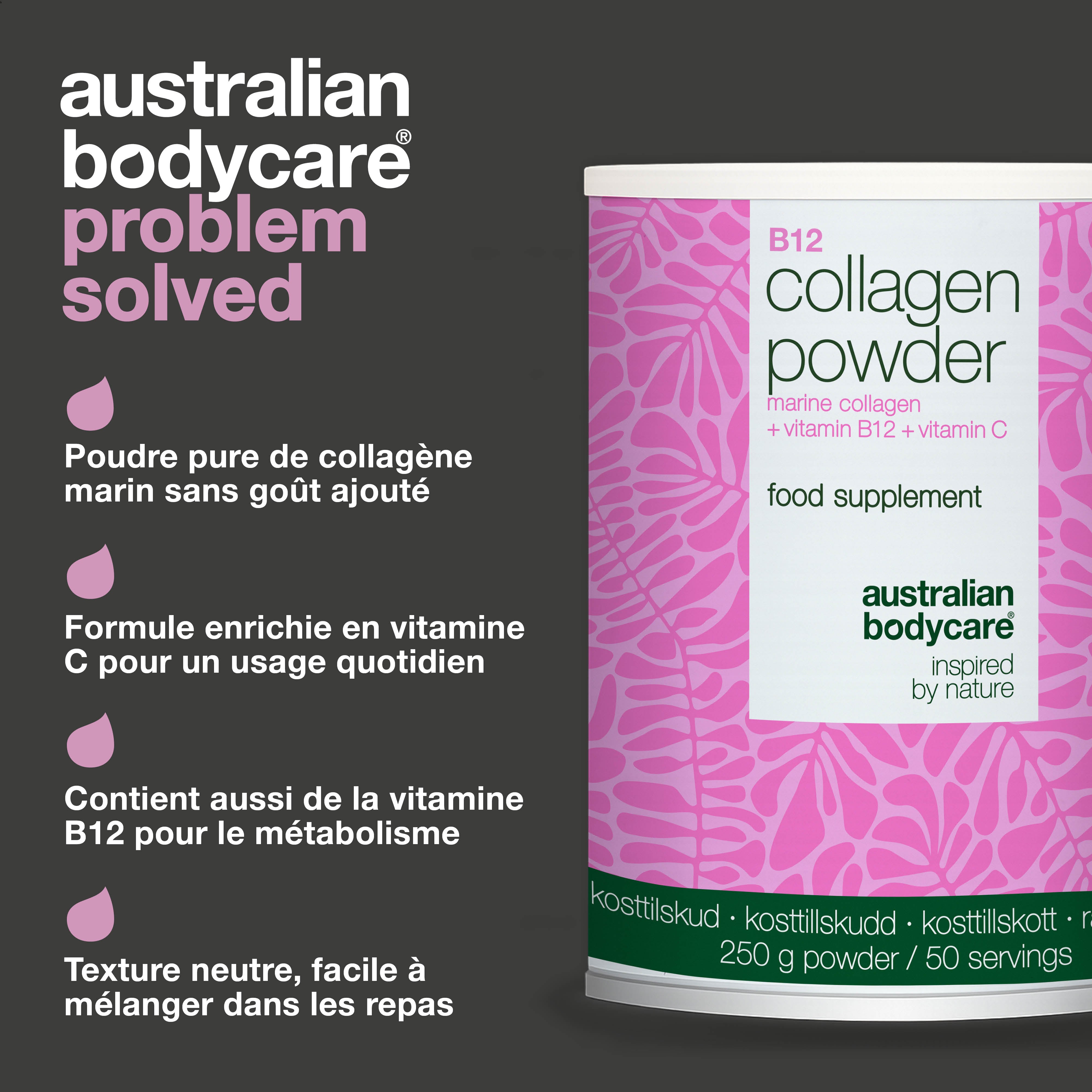 Poudre de collagène pour compléter votre alimentation au quotidien. Facile à mélanger dans vos boissons. Collagène marin, vitamines C et B12.