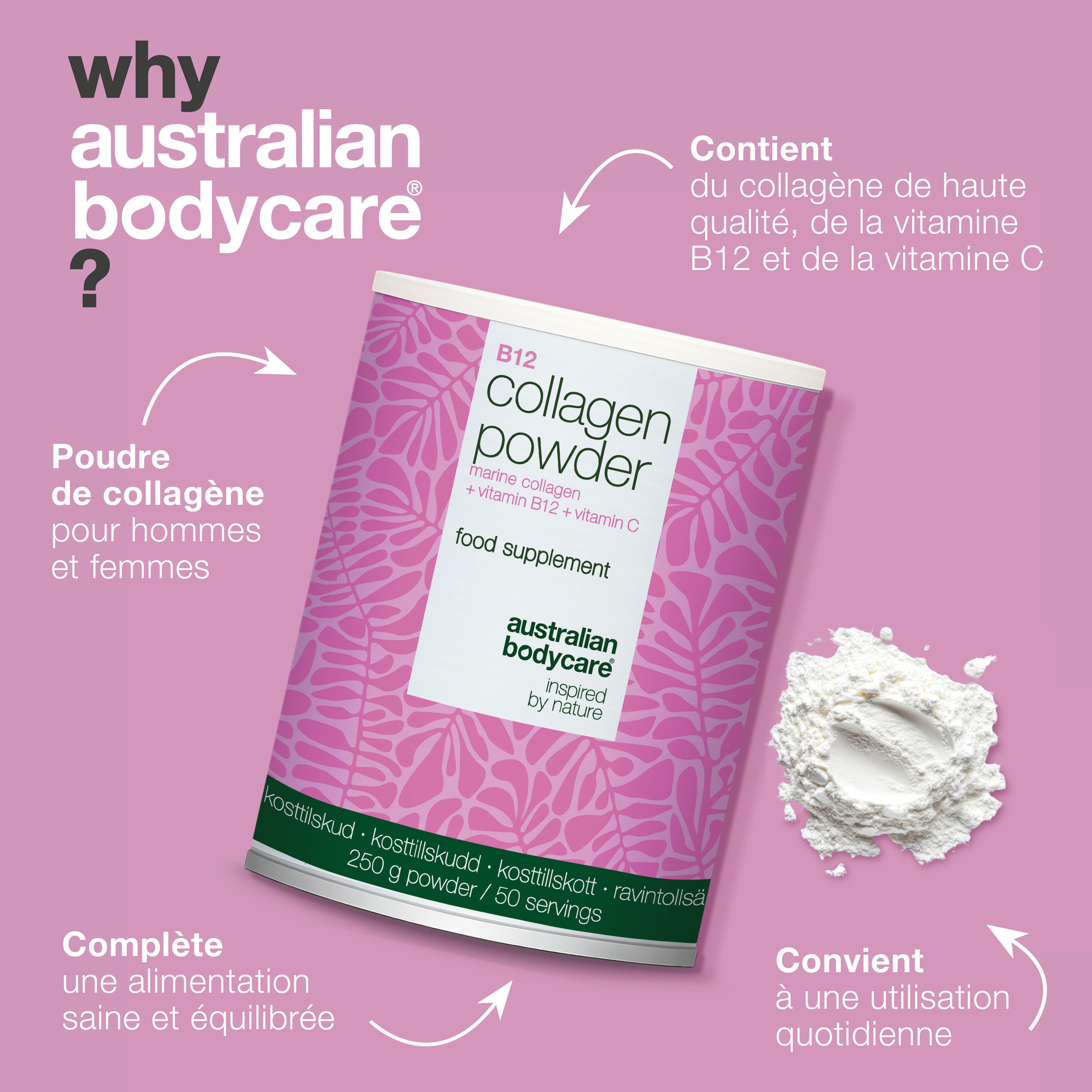Poudre de collagène pour compléter votre alimentation au quotidien. Facile à mélanger dans vos boissons. Collagène marin, vitamines C et B12.