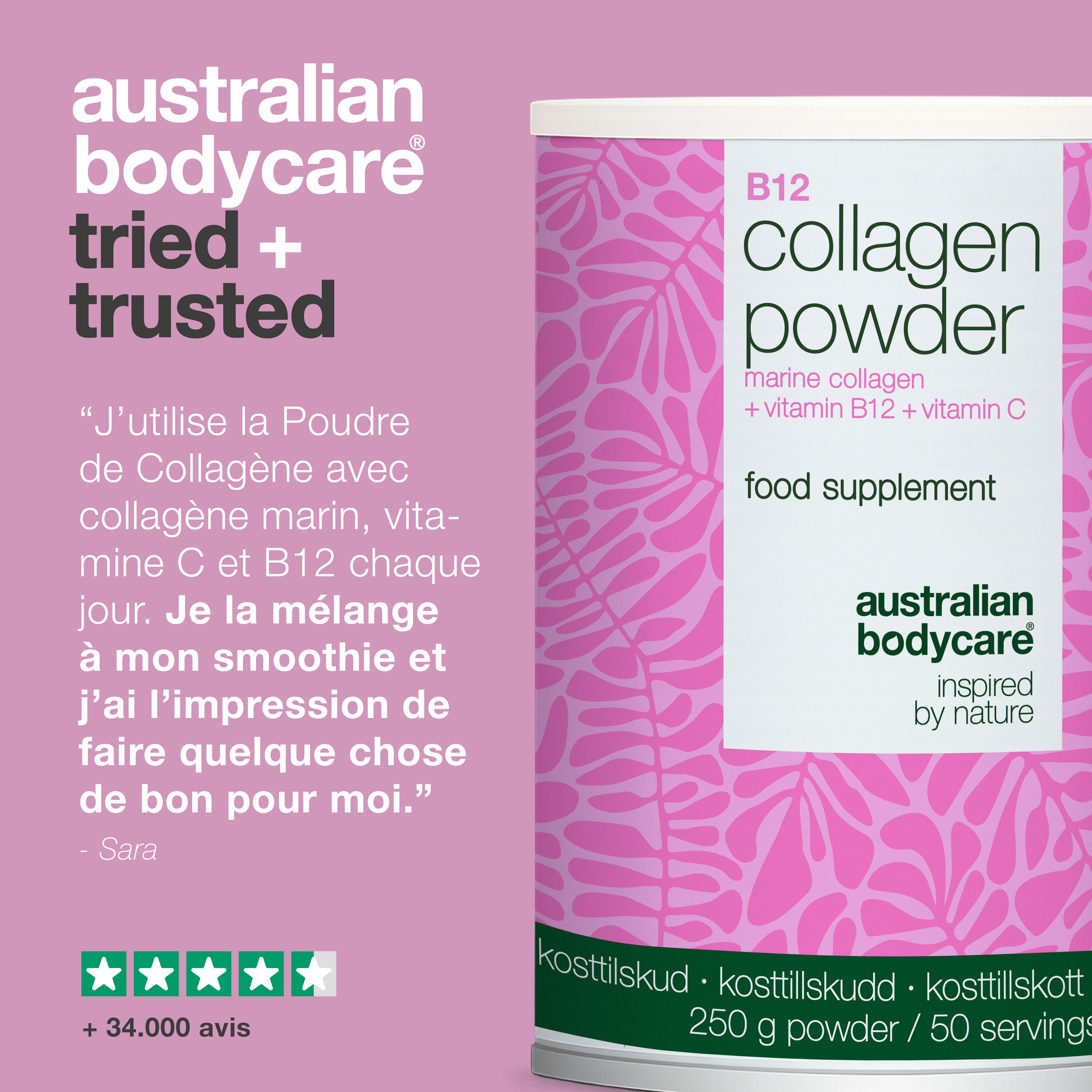Poudre de collagène pour compléter votre alimentation au quotidien. Facile à mélanger dans vos boissons. Collagène marin, vitamines C et B12.