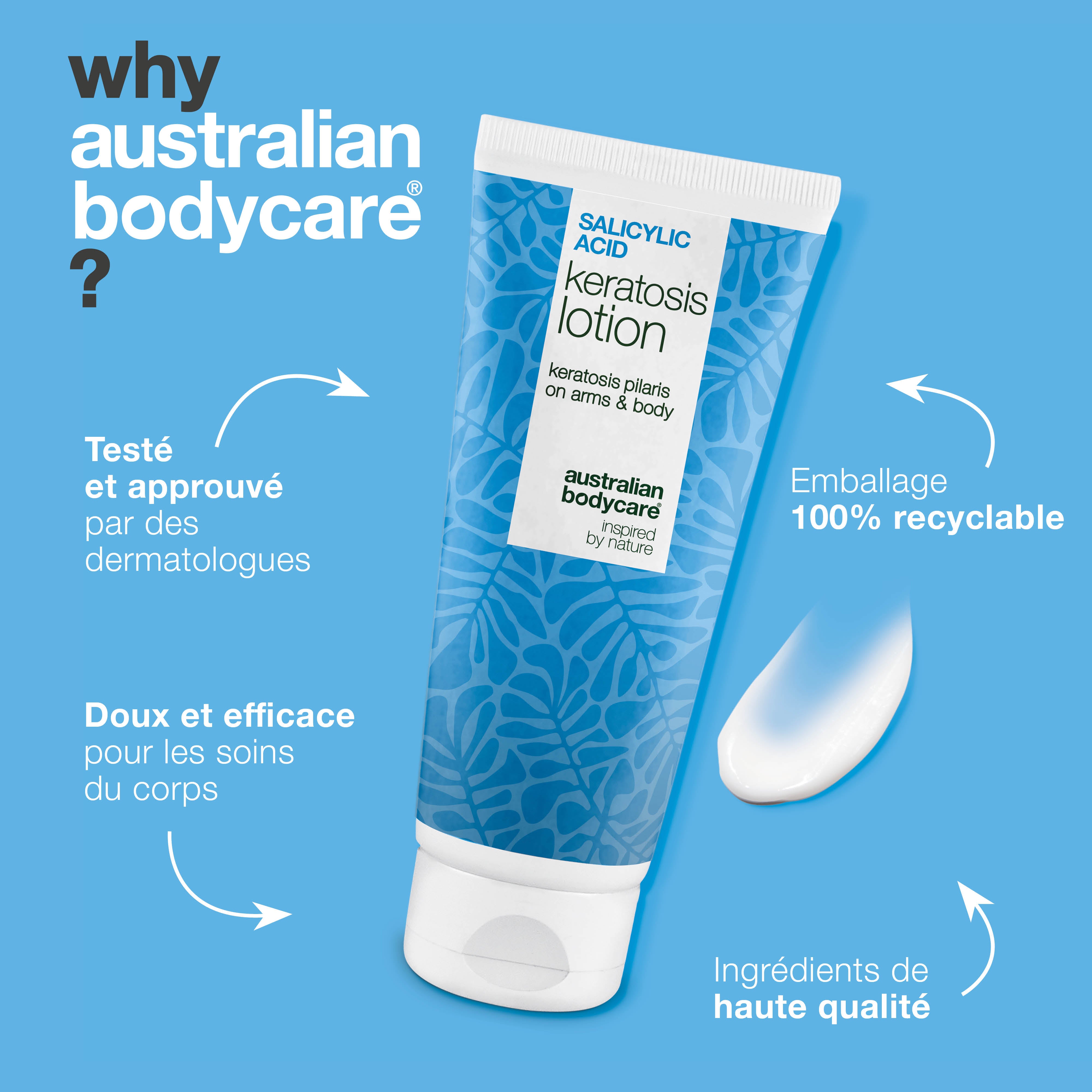 Lotion corps kératose pilaire et peau sèche granuleuse — Lotion pour kératose pilaire et peau sèche. Lisse avec acide salicylique, niacinamide et zinc.