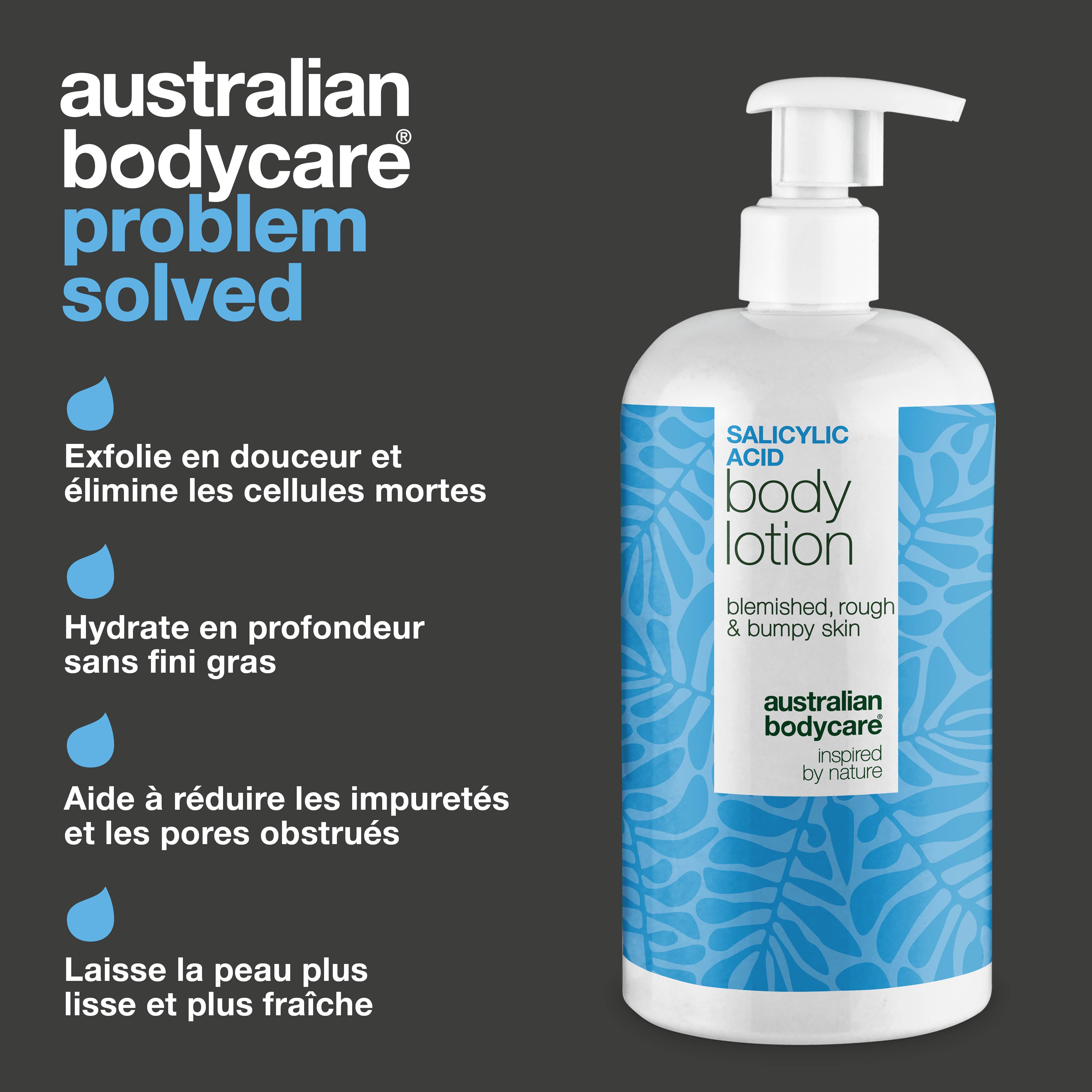 Lotion corps à l’acide salicylique – peau sèche et irrégulière — Lotion à l’acide salicylique qui exfolie, hydrate et aide à lisser la peau sèche et irrégulière. Idéale pour un usage quotidien.