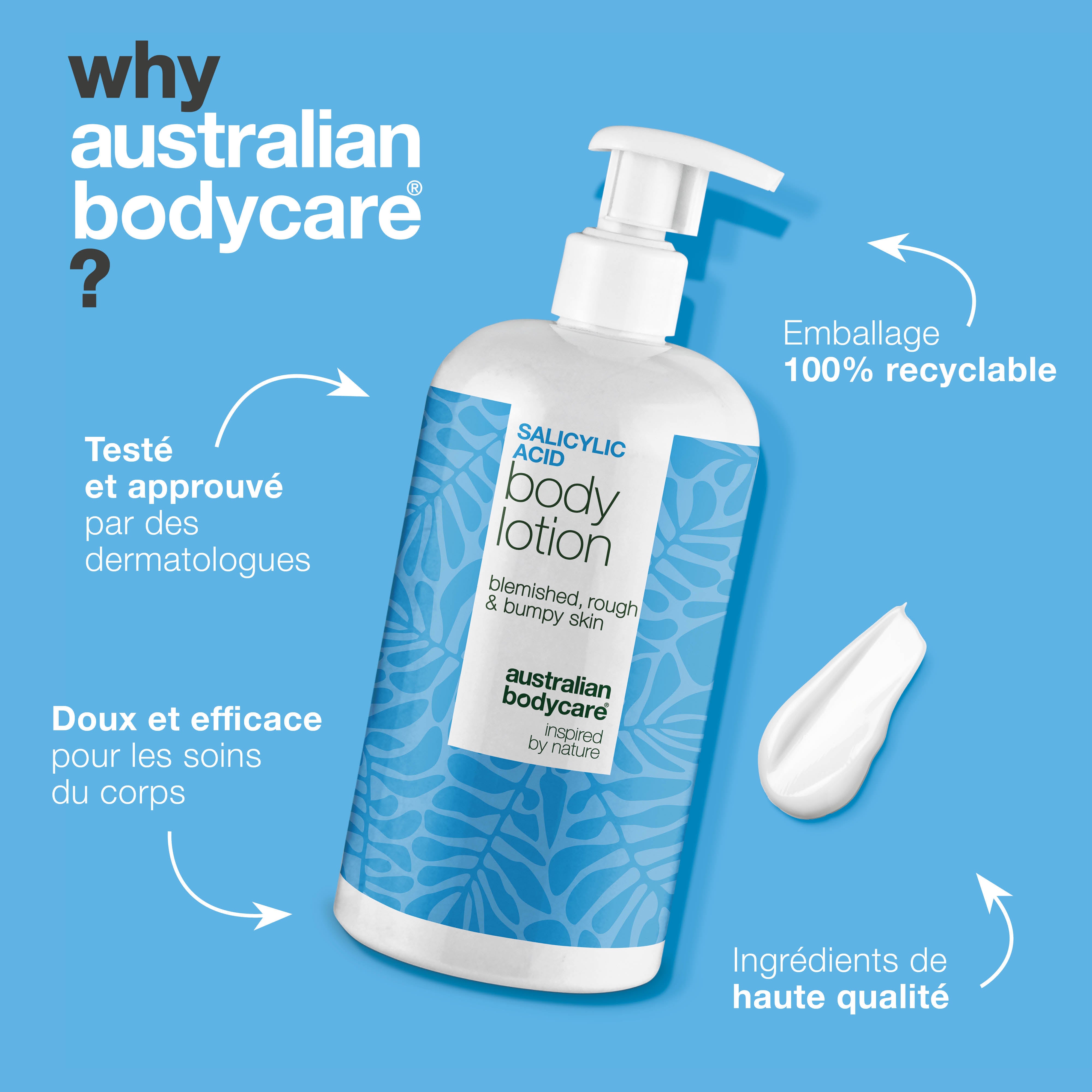 Lotion corps à l’acide salicylique – peau sèche et irrégulière — Lotion à l’acide salicylique qui exfolie, hydrate et aide à lisser la peau sèche et irrégulière. Idéale pour un usage quotidien.