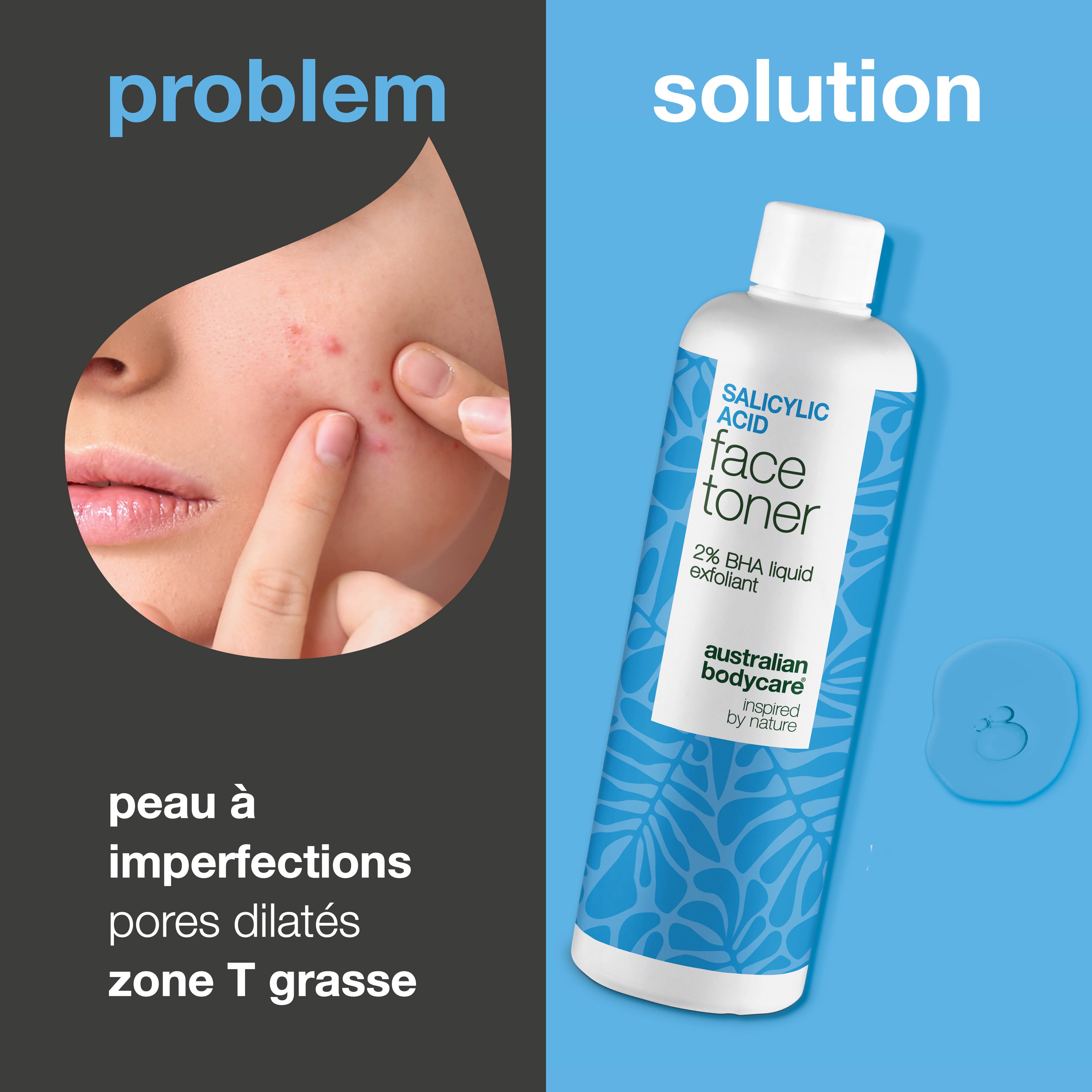 Salicylic Acid toner purifie les pores, lisse le grain de peau et combat les boutons. Soin quotidien efficace. Contient Salicylic Acid de Australian Bodycare.