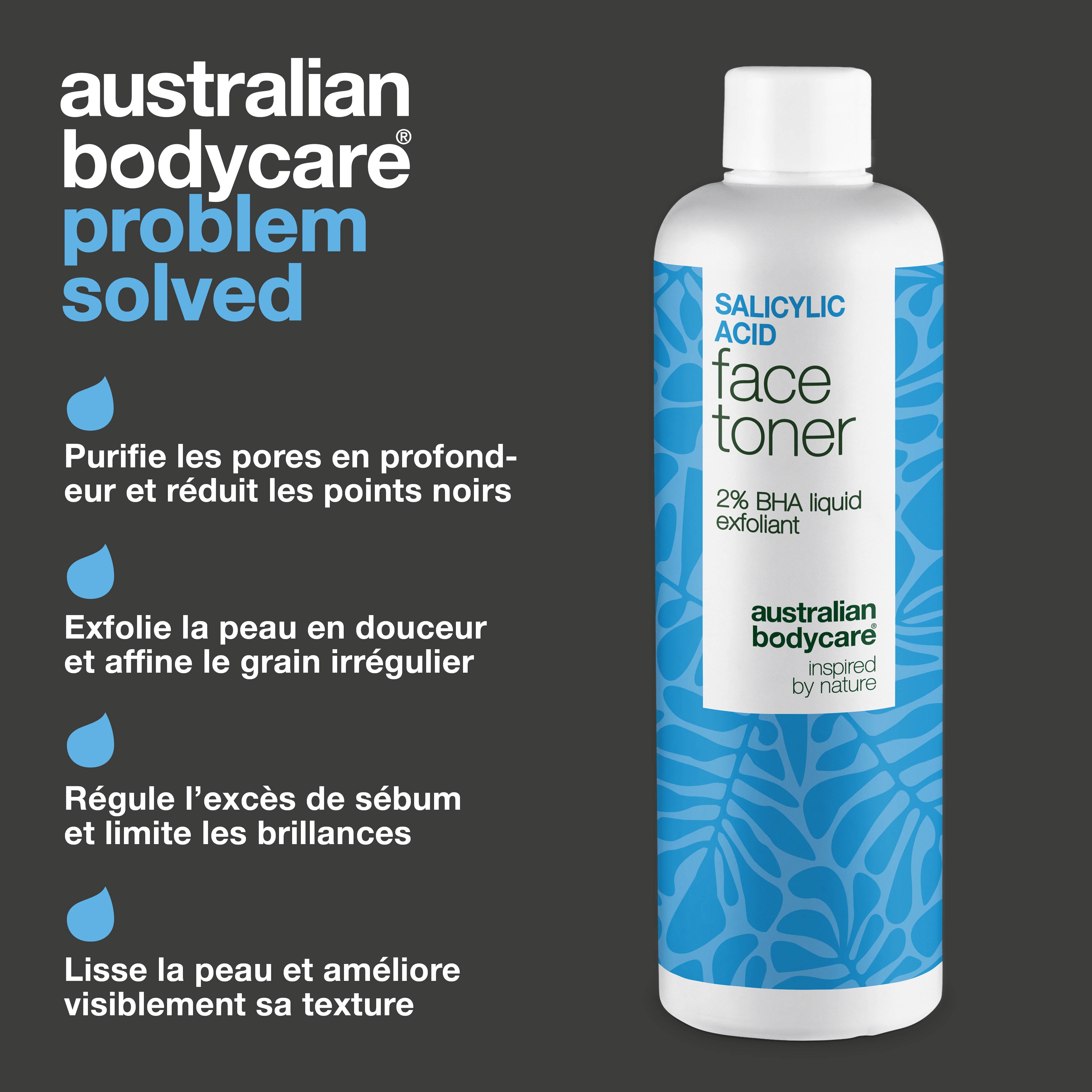 Salicylic Acid toner purifie les pores, lisse le grain de peau et combat les boutons. Soin quotidien efficace. Contient Salicylic Acid de Australian Bodycare.