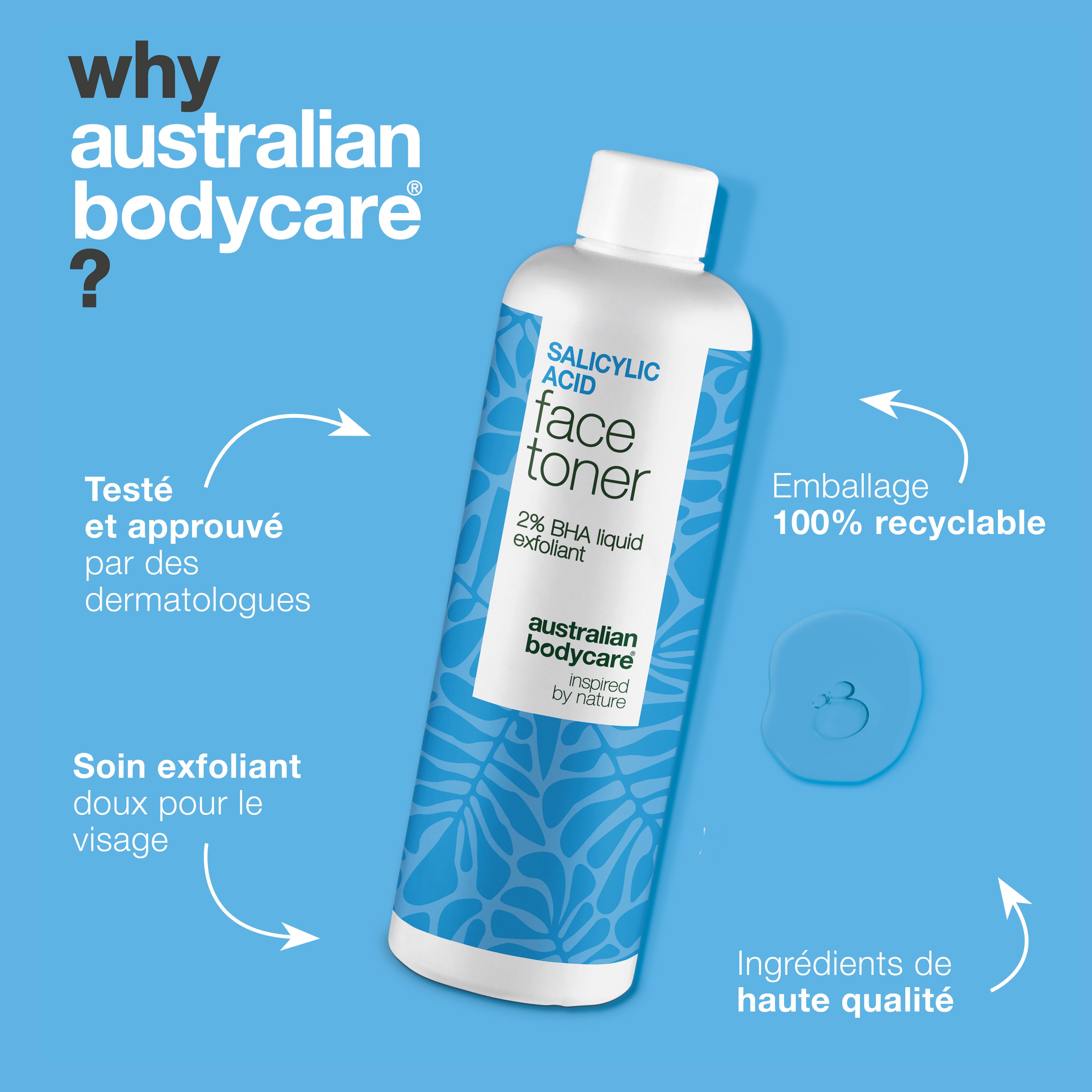 Salicylic Acid toner purifie les pores, lisse le grain de peau et combat les boutons. Soin quotidien efficace. Contient Salicylic Acid de Australian Bodycare.