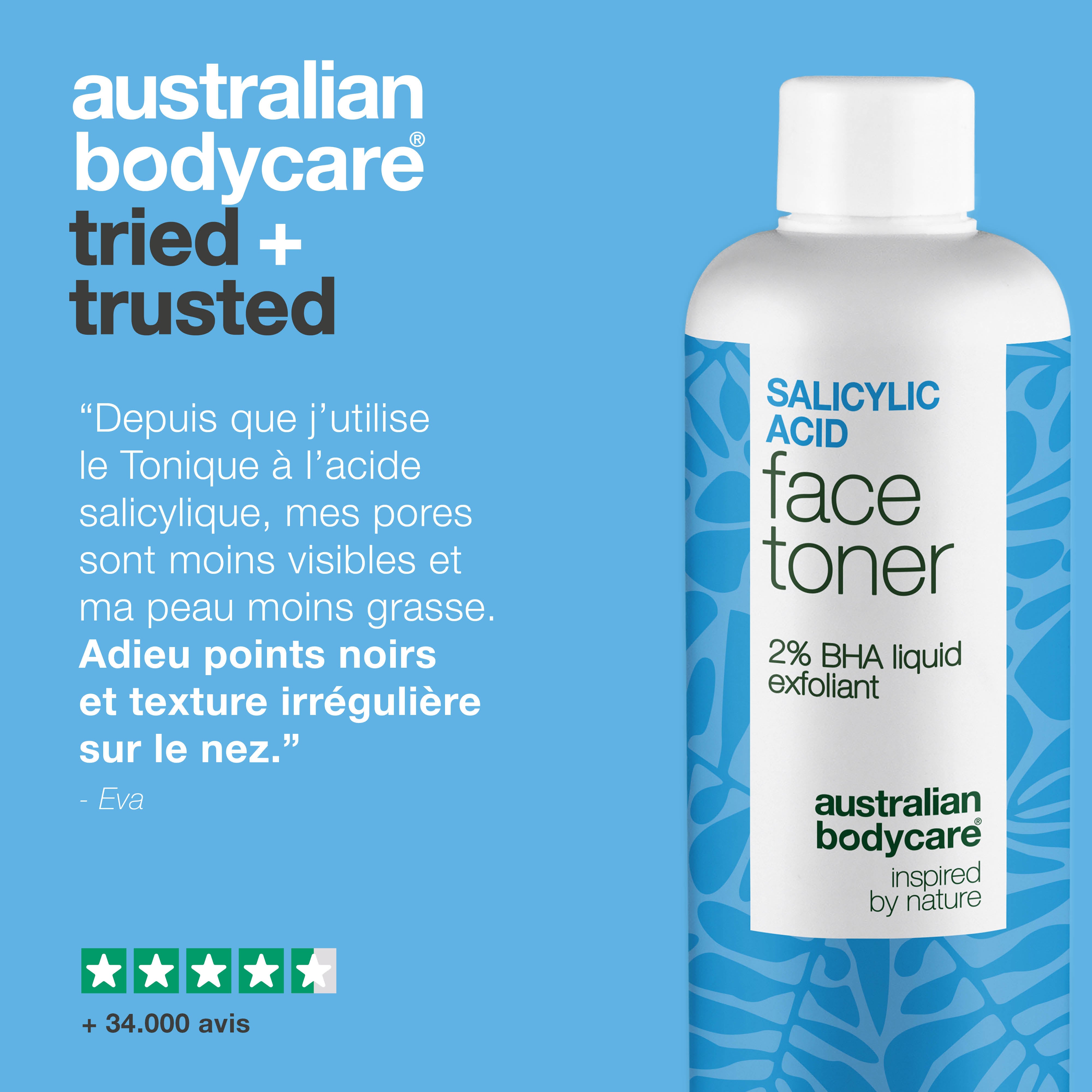 Salicylic Acid toner purifie les pores, lisse le grain de peau et combat les boutons. Soin quotidien efficace. Contient Salicylic Acid de Australian Bodycare.