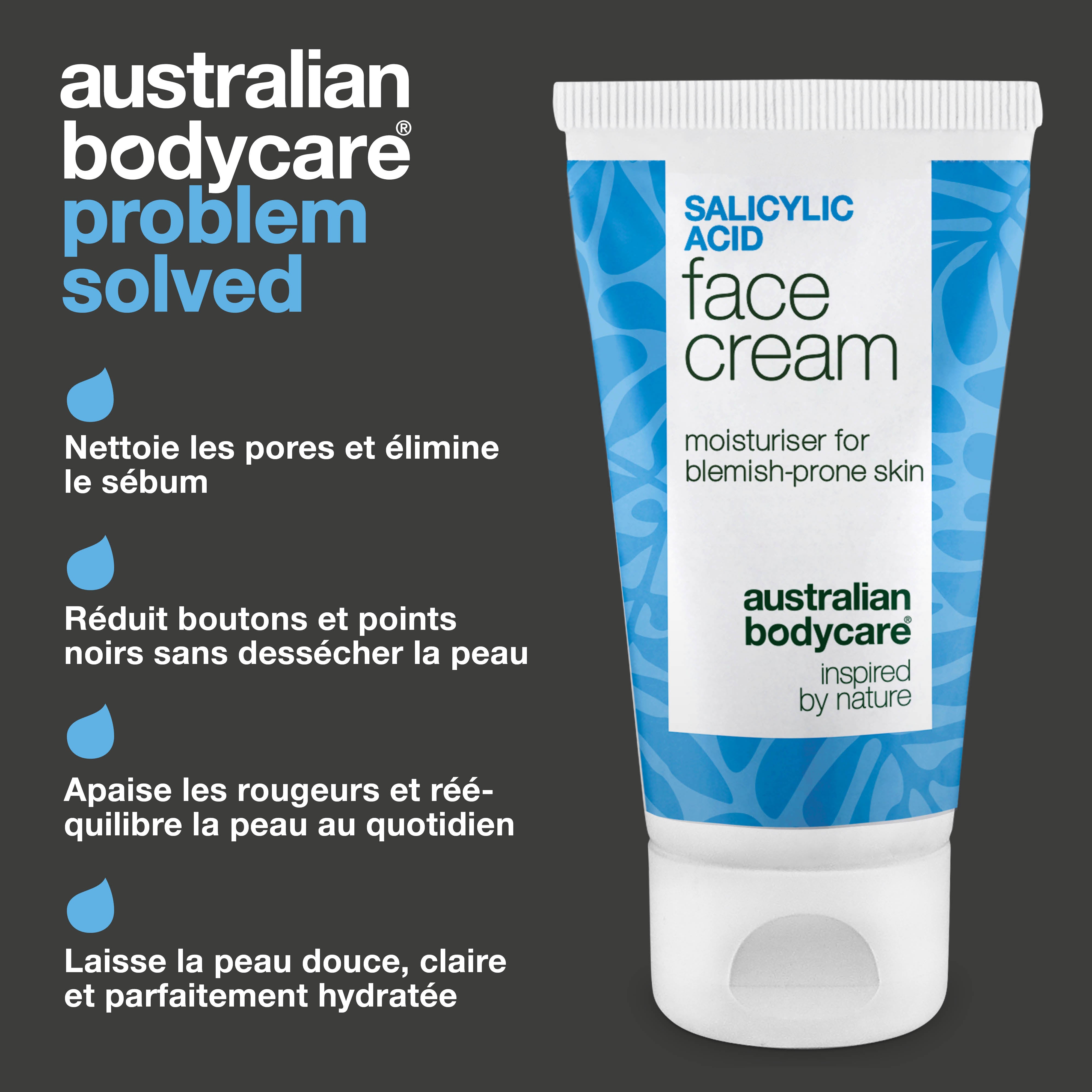 Crème visage à l’acide salicylique – réduit boutons et points noirs, purifie les pores et matifie la peau grasse