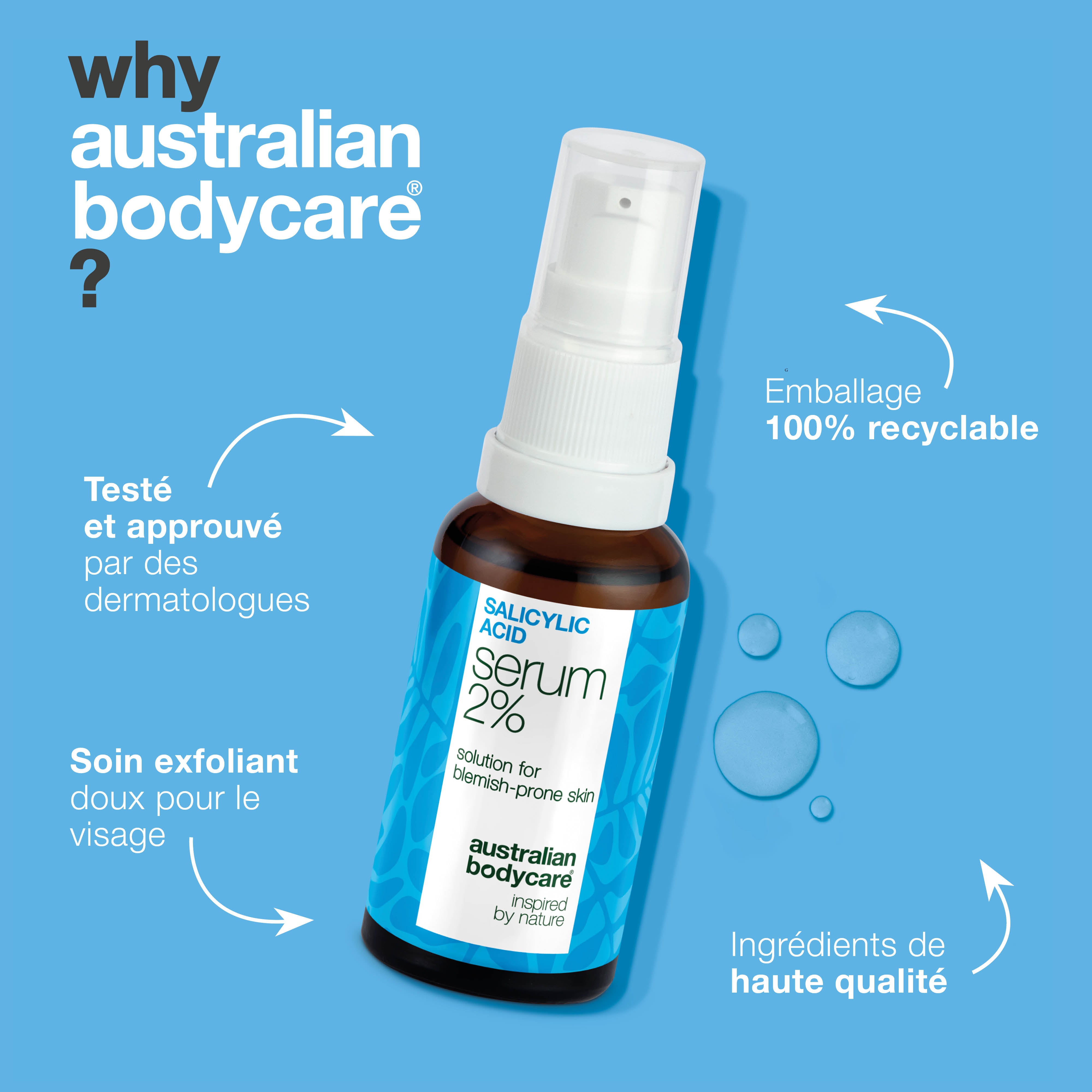 Sérum acide salicylique 2 % pour peau grasse, acné légère et pores bouchés. Ingrédients clés : Zinc PCA, extrait de thé vert, glycérine, acide hyaluronique.