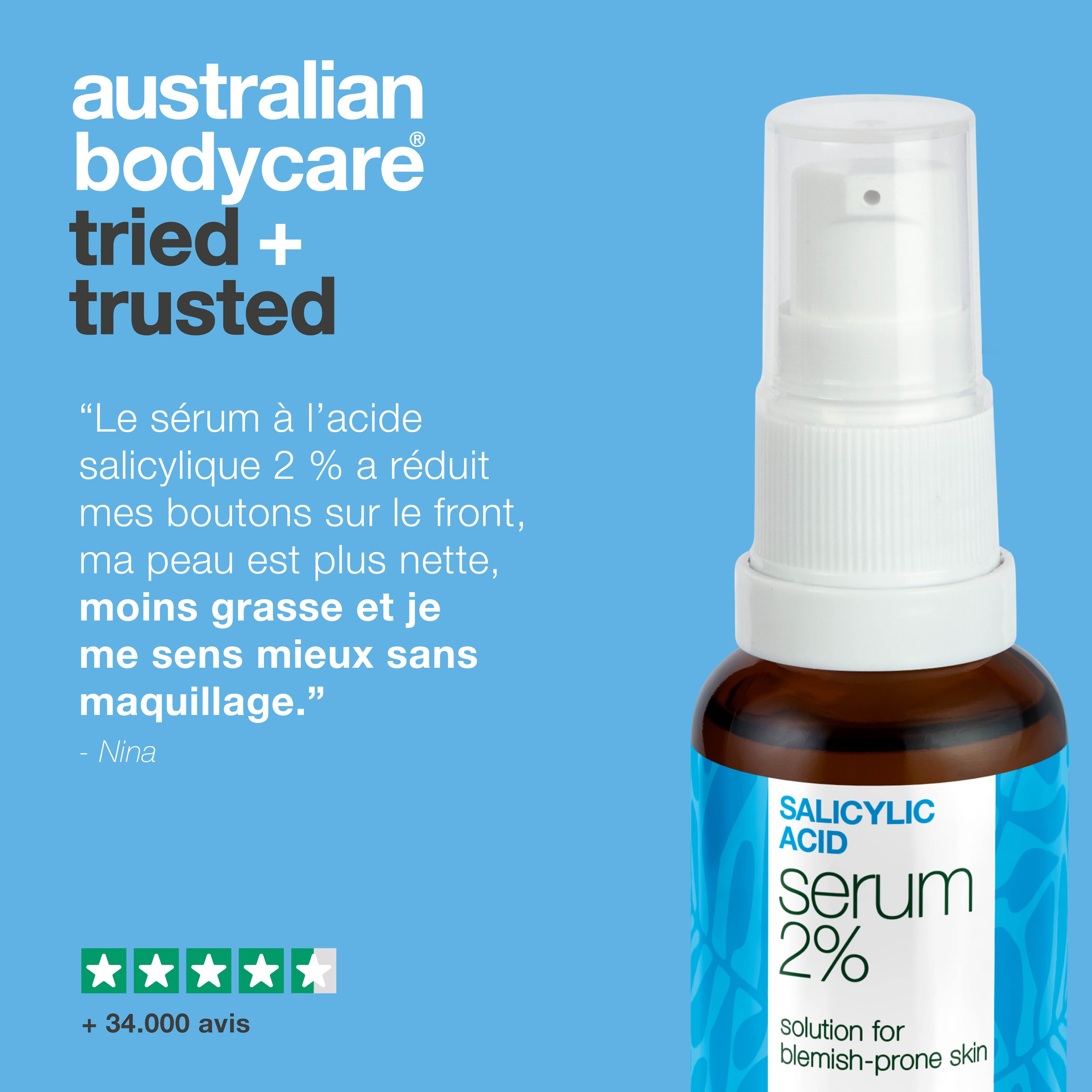Sérum acide salicylique 2 % pour peau grasse, acné légère et pores bouchés. Ingrédients clés : Zinc PCA, extrait de thé vert, glycérine, acide hyaluronique.