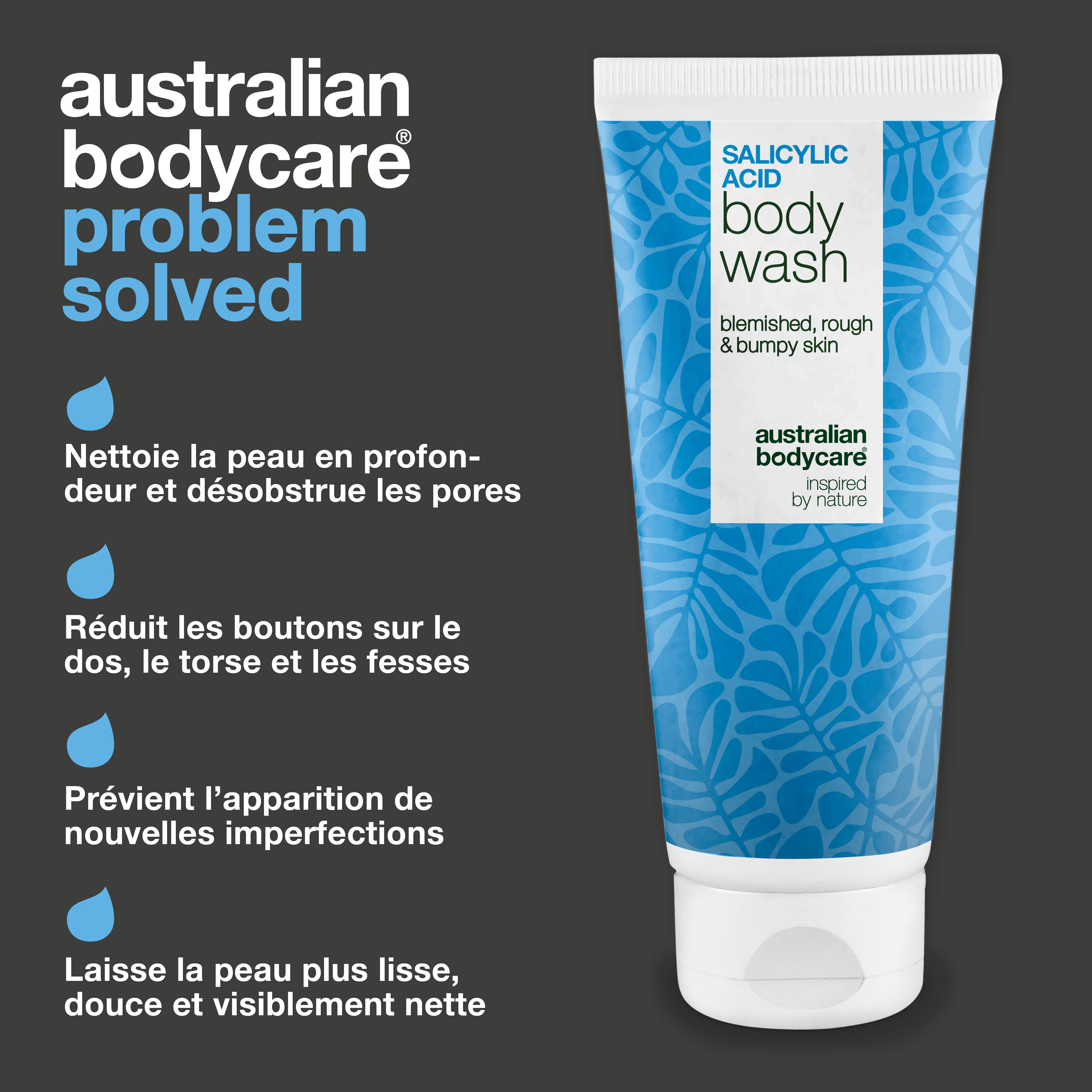 Gel douche à l’acide salicylique pour peaux à imperfections sur le corps. Nettoie en profondeur avec acide salicylique, niacinamide et zinc PCA.