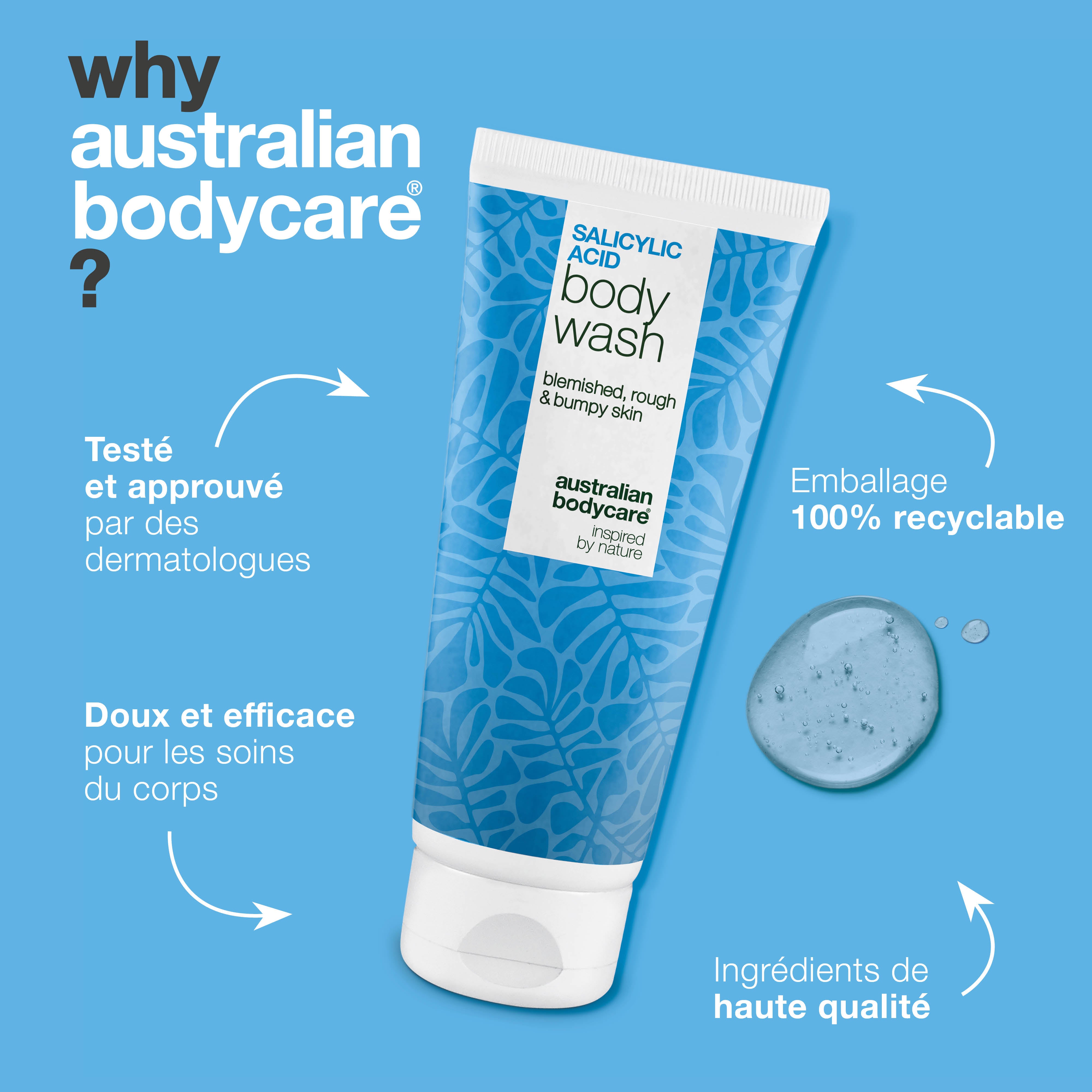 Gel douche à l’acide salicylique pour peaux à imperfections sur le corps. Nettoie en profondeur avec acide salicylique, niacinamide et zinc PCA.