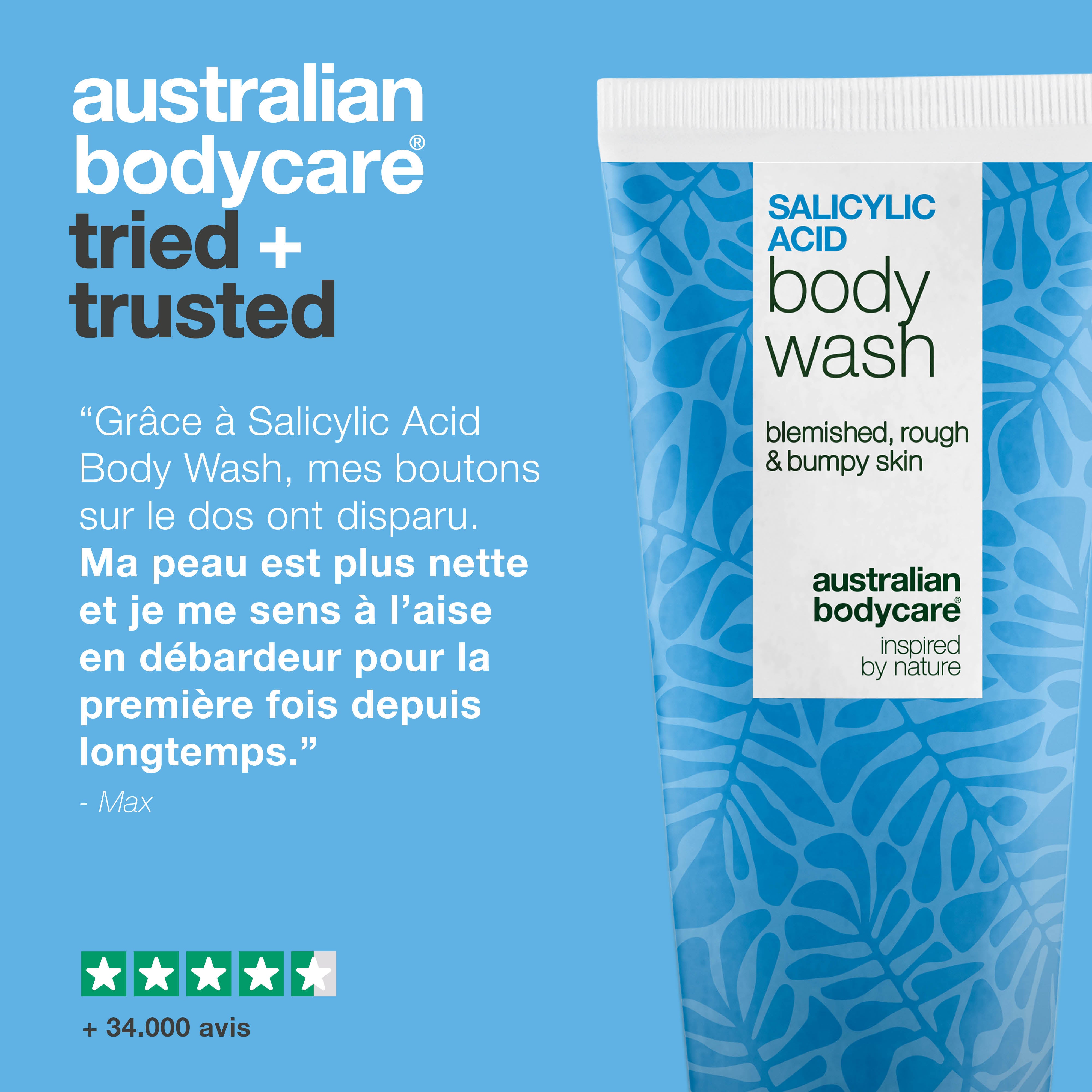 Gel douche à l’acide salicylique pour peaux à imperfections sur le corps. Nettoie en profondeur avec acide salicylique, niacinamide et zinc PCA.