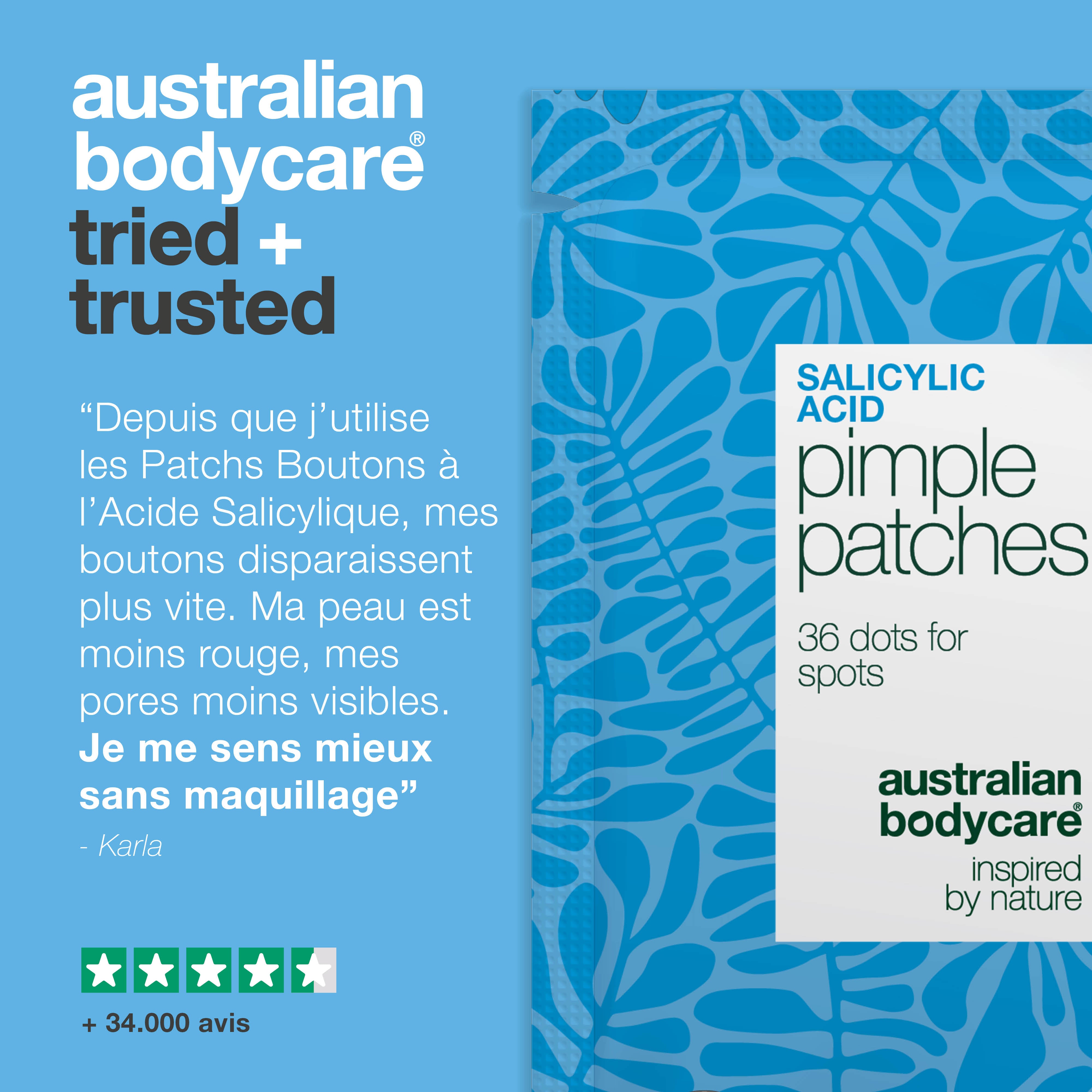 Patchs boutons à l'acide salicylique contre les imperfections et la peau irritée. Contient acide salicylique, Camellia Sinensis et acide hyaluronique.