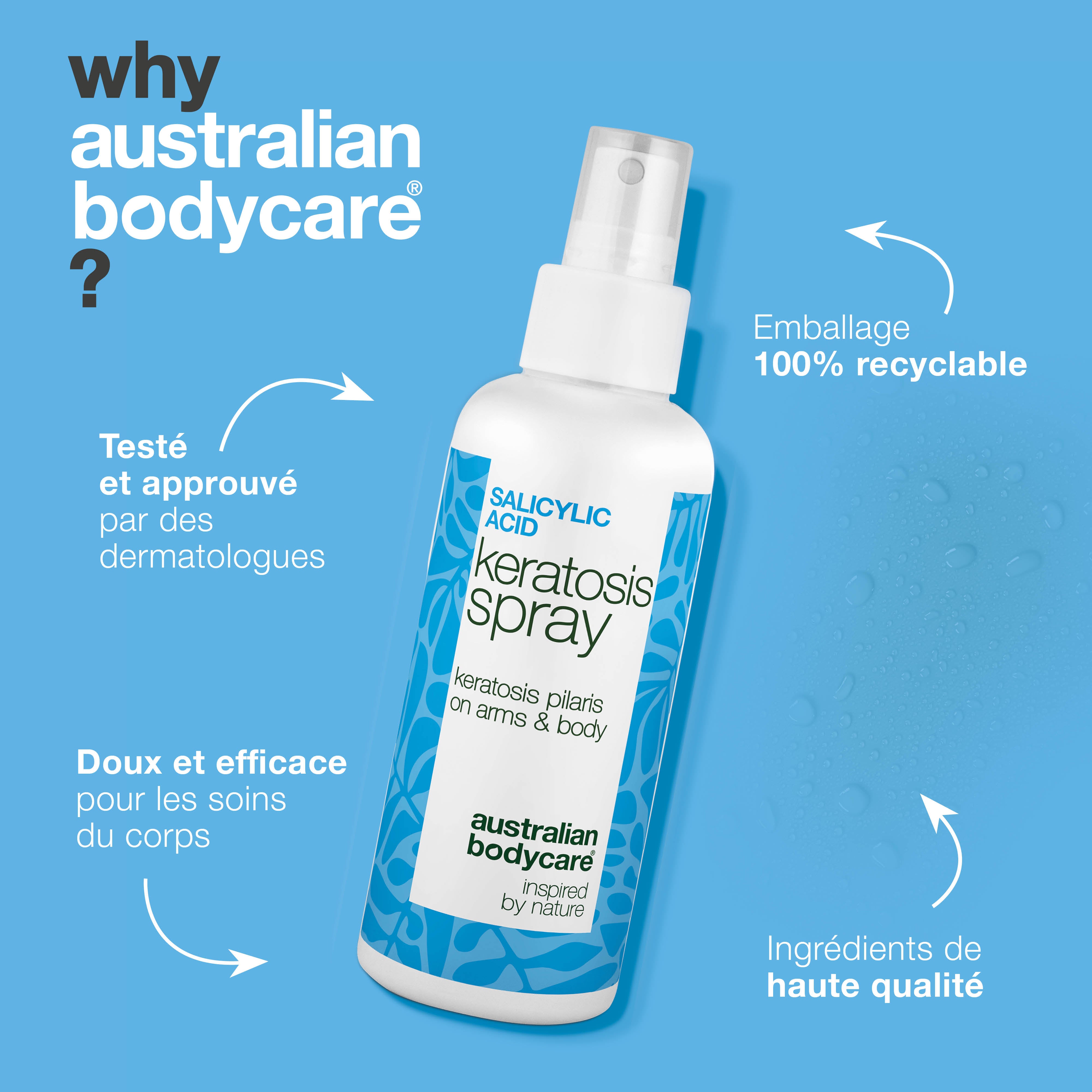 Spray kératose pilaire pour boutons et peau rugueuse — Keratosis pilaris spray réduit les boutons et lisse la peau. À base d’acide salicylique pour désobstruer les pores.