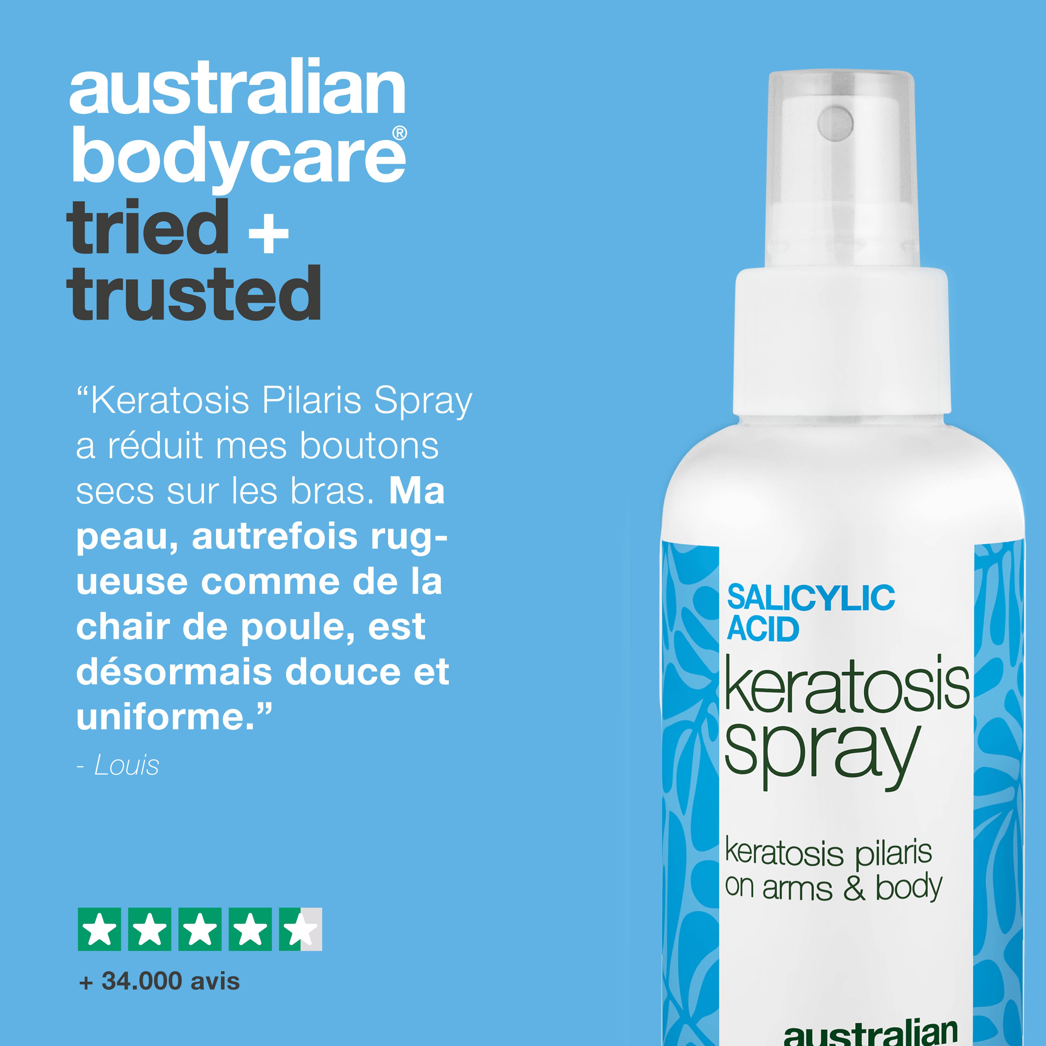 Spray kératose pilaire pour boutons et peau rugueuse — Keratosis pilaris spray réduit les boutons et lisse la peau. À base d’acide salicylique pour désobstruer les pores.