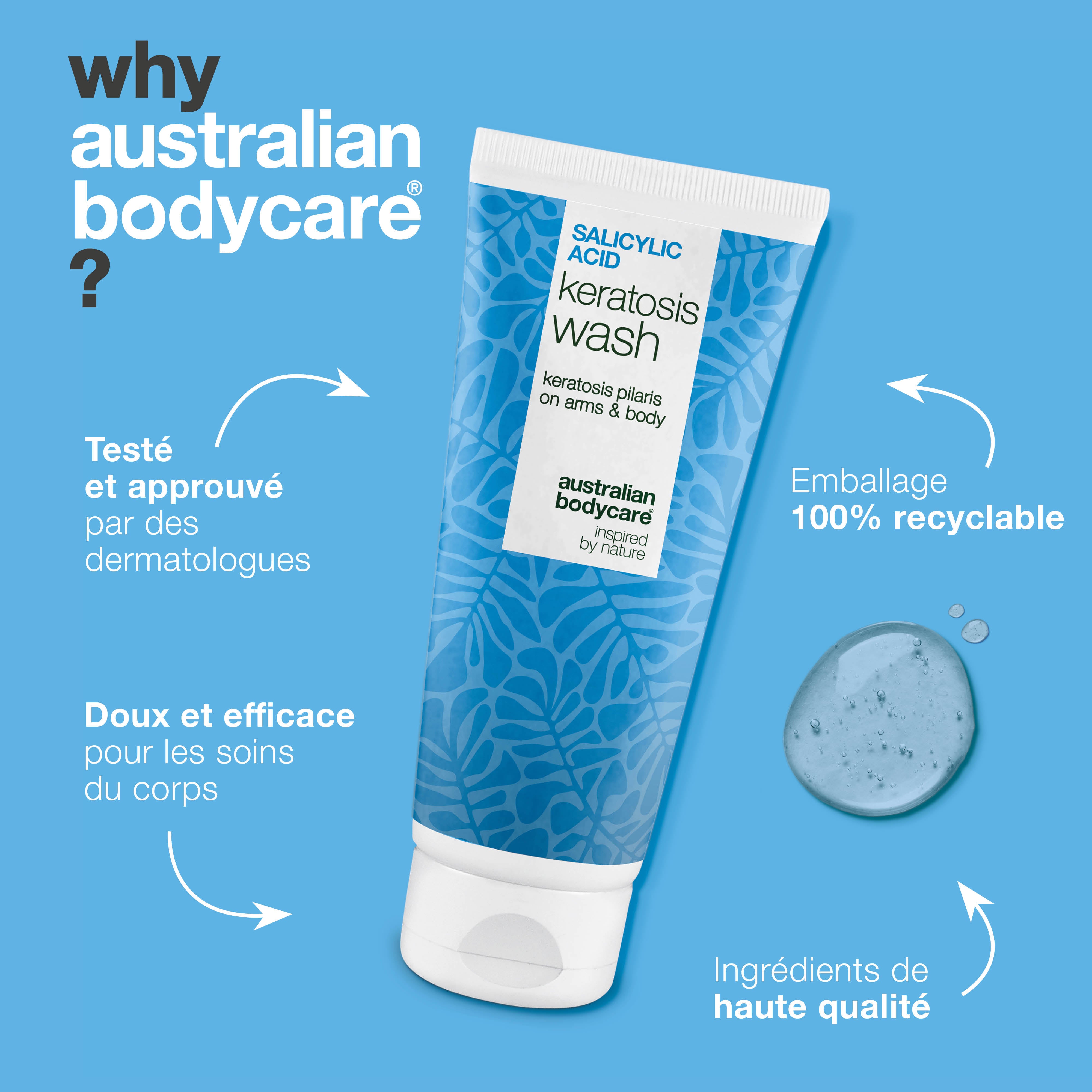 Keratosis Pilaris Body Wash contre la kératose pilaire, rougeurs et pores obstrués. Formulé avec acide salicylique, niacinamide, zinc PCA et vitamine E.