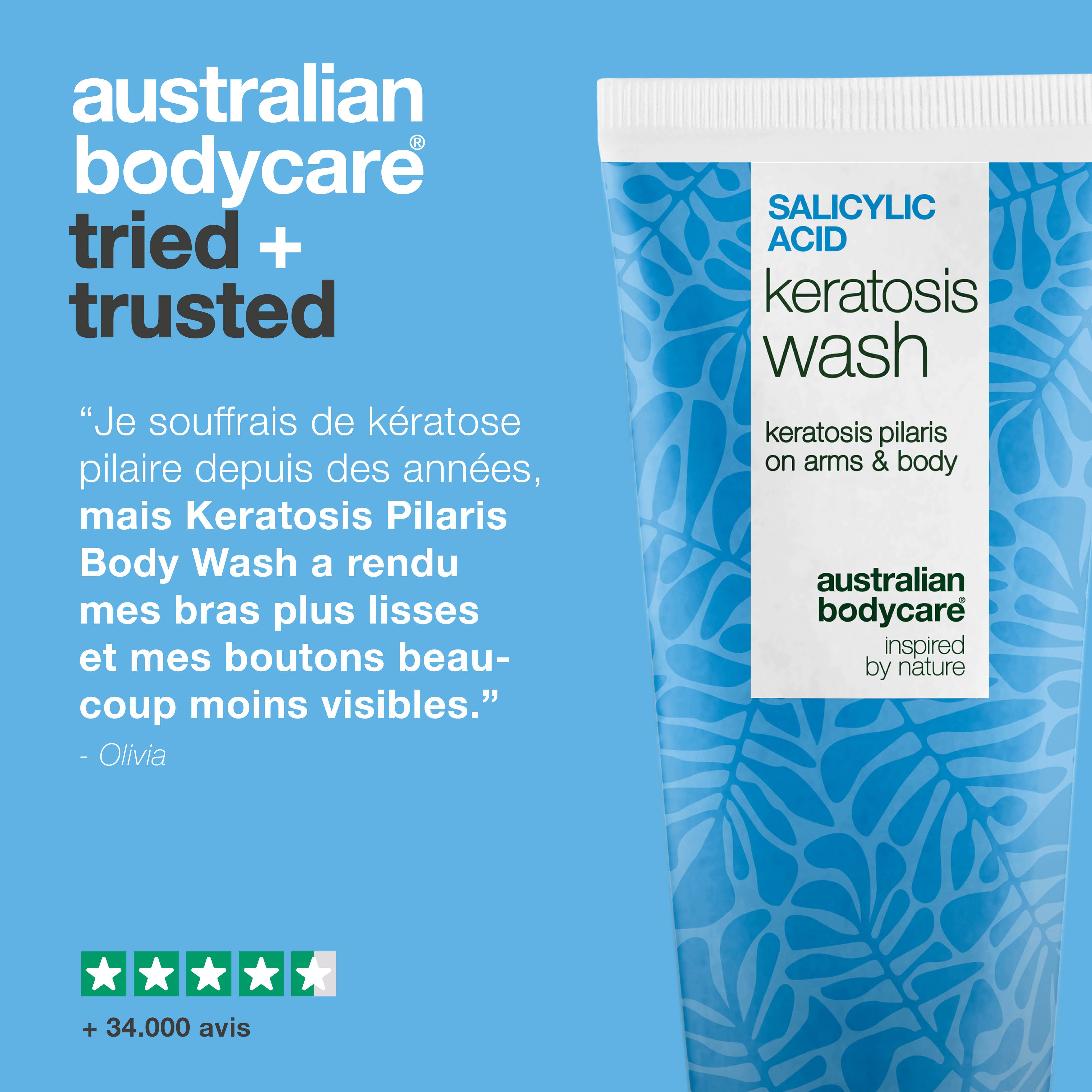 Keratosis Pilaris Body Wash contre la kératose pilaire, rougeurs et pores obstrués. Formulé avec acide salicylique, niacinamide, zinc PCA et vitamine E.