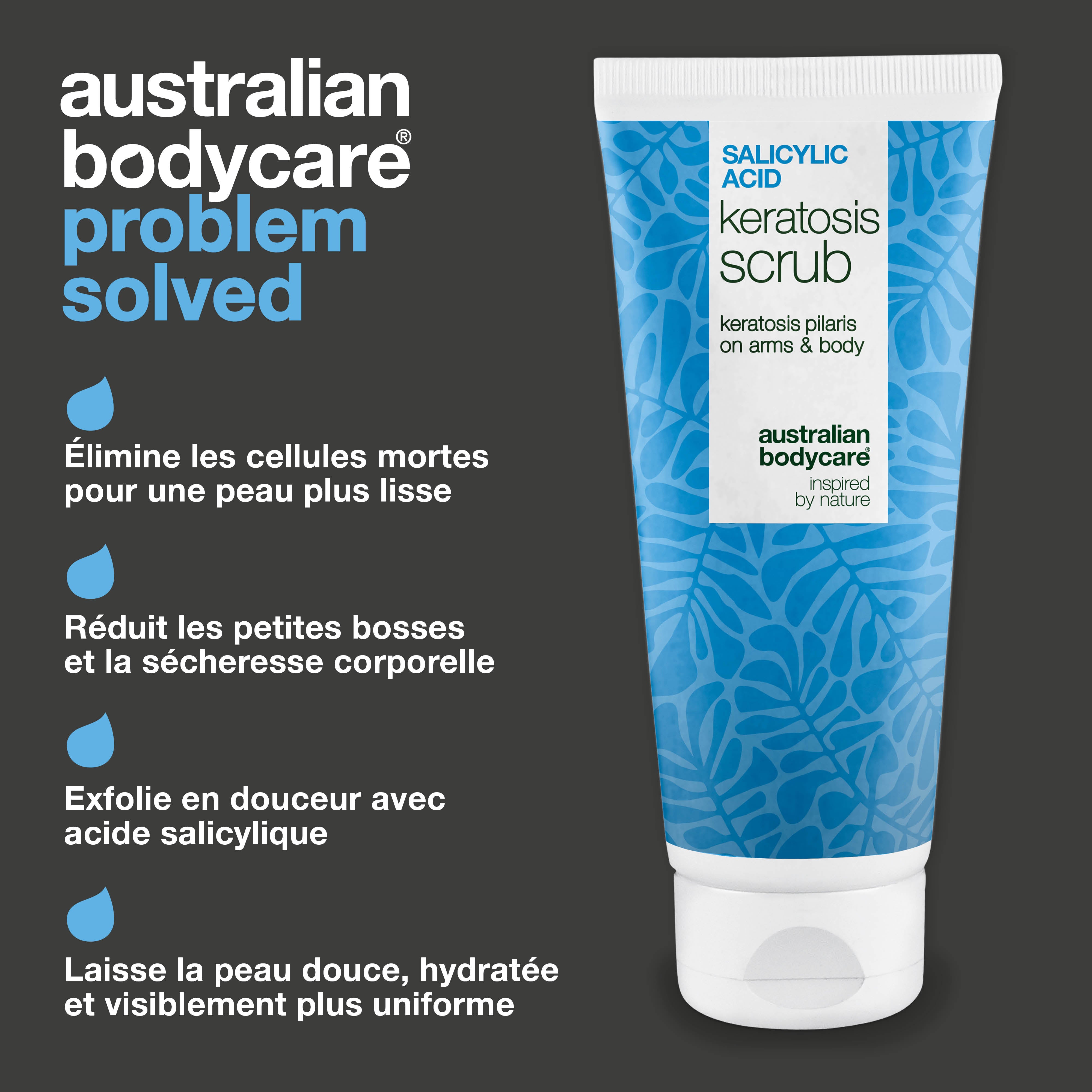 Gommage Corps Keratosis Pilaris élimine les cellules mortes et réduit les bosses. Lisse la peau avec acide salicylique, acide glycolique et allantoïne.