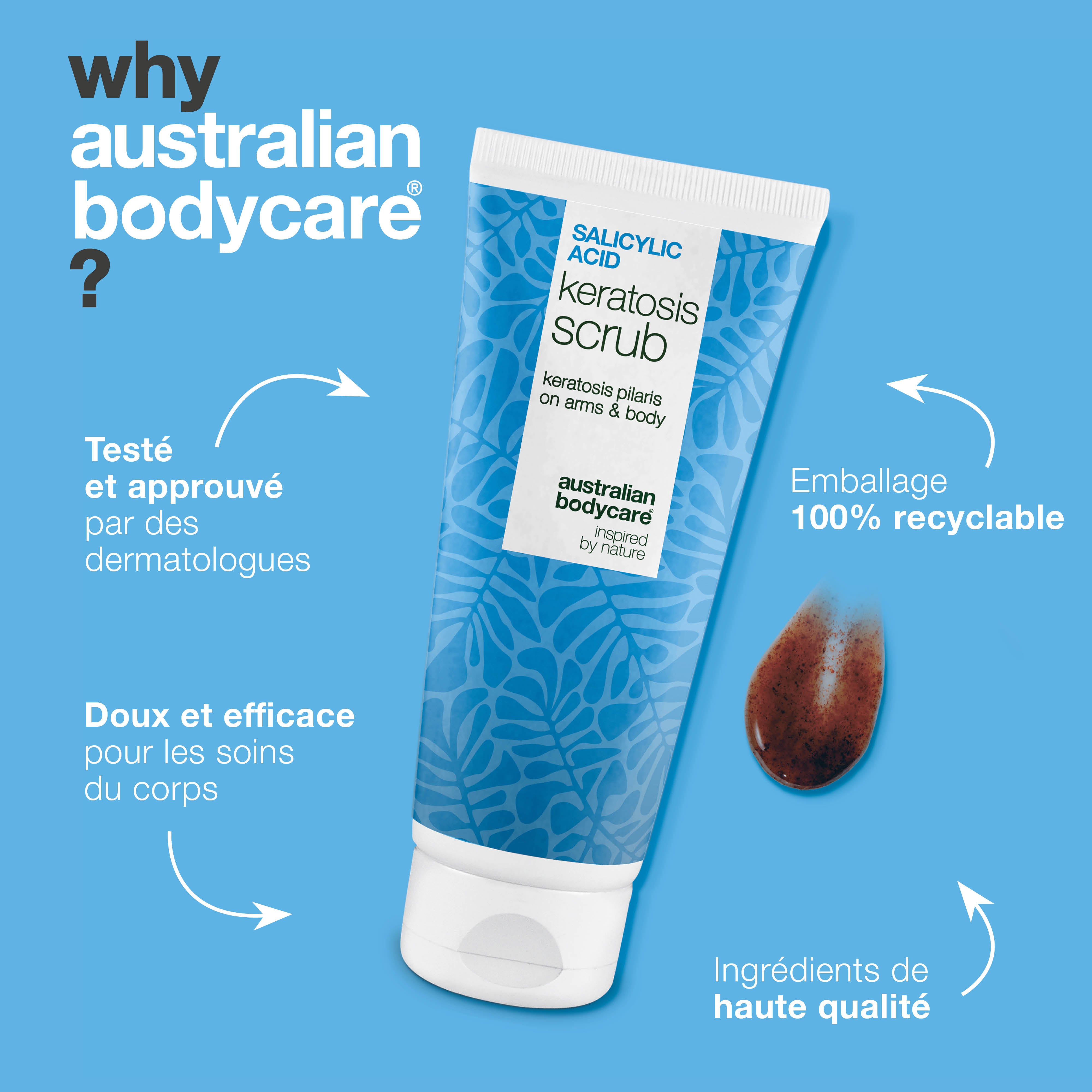 Gommage Corps Keratosis Pilaris élimine les cellules mortes et réduit les bosses. Lisse la peau avec acide salicylique, acide glycolique et allantoïne.