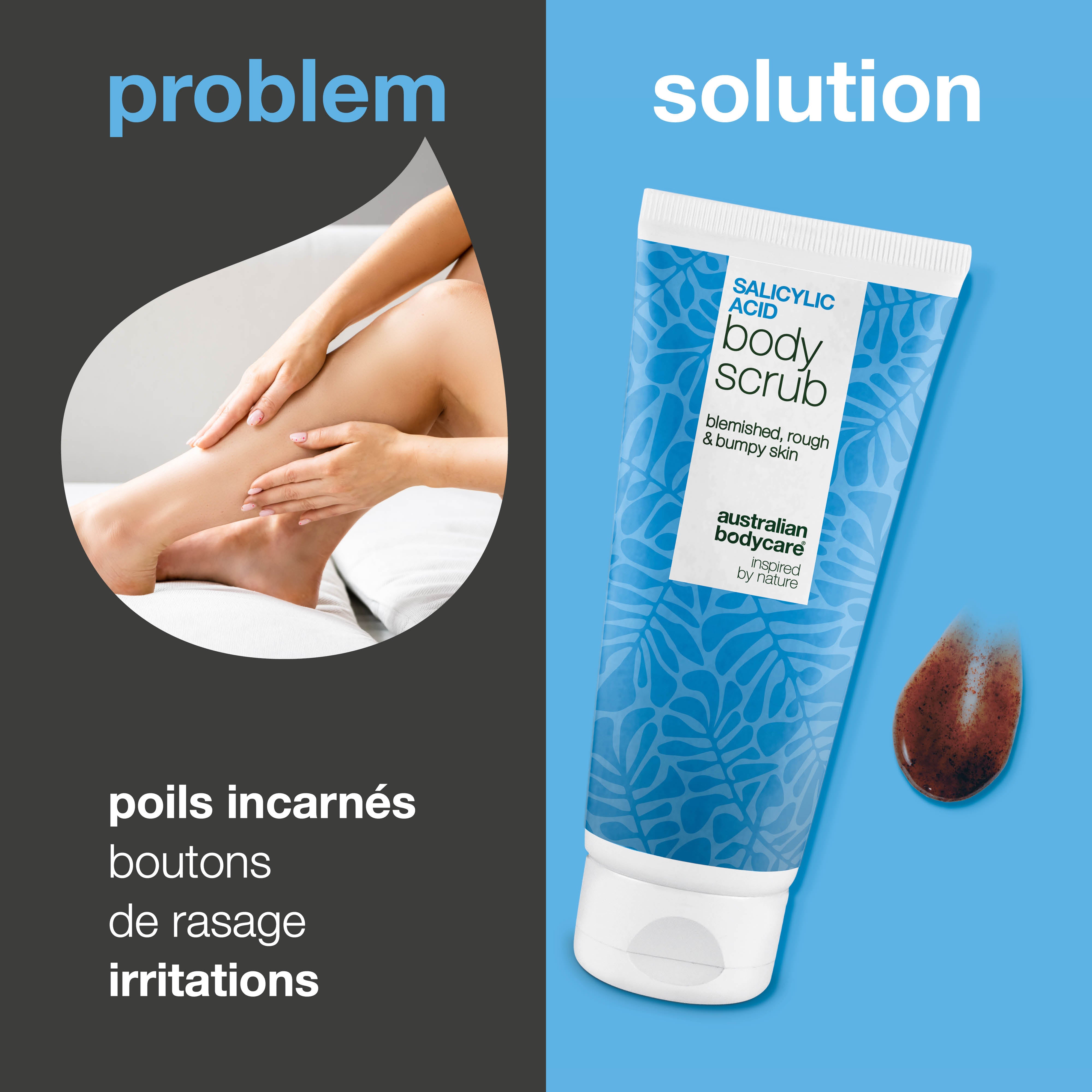 Shave Scrub pour une peau douce et apaisée après le rasage. Élimine les poils incarnés. Principaux ingrédients : Acide salicylique, Acide glycolique, Allantoïne, Glycérine.