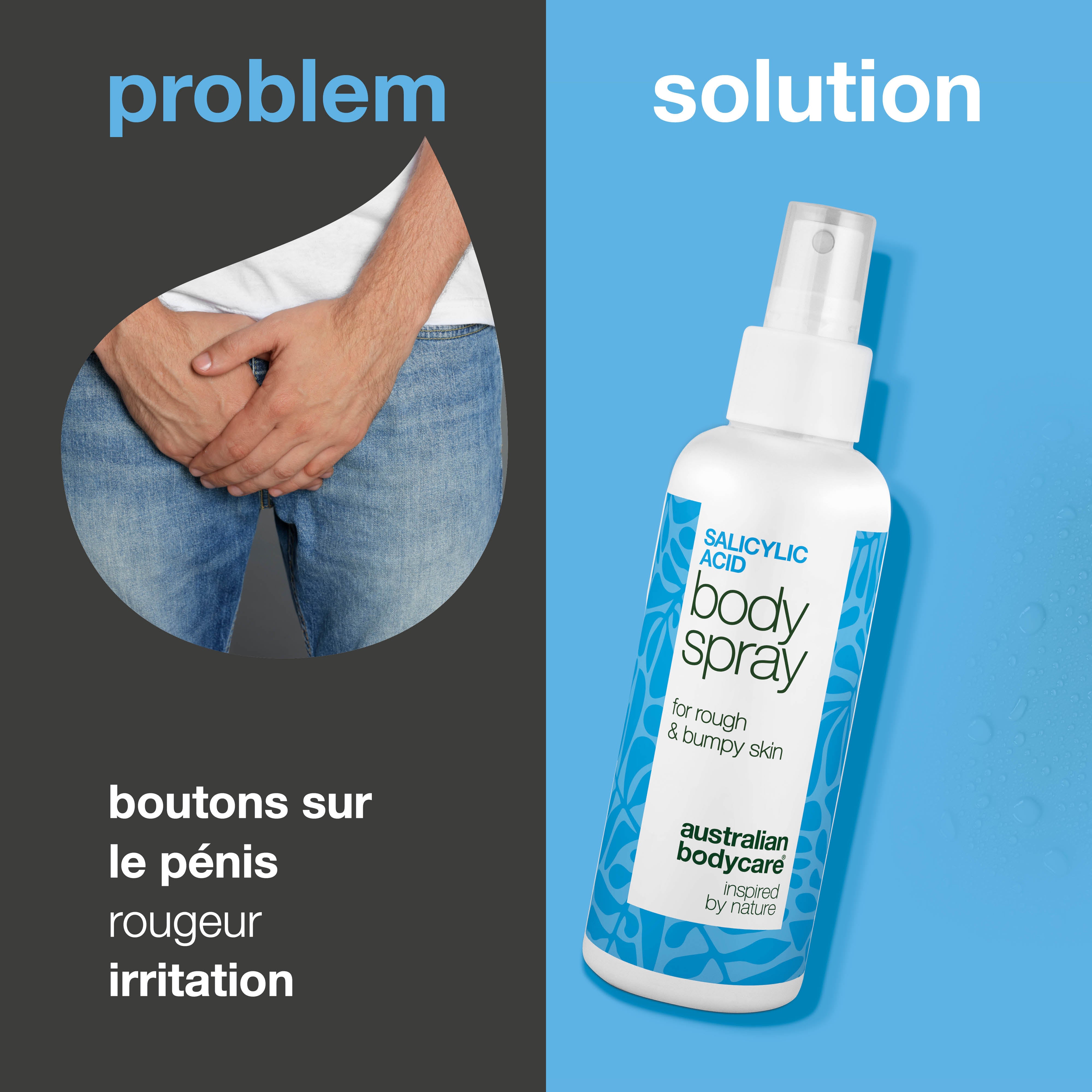 Spray pour boutons sur le pénis nettoie les pores et prévient les éruptions. Formulé avec acide salicylique, acide glycolique, glycérine, panthénol, zinc.