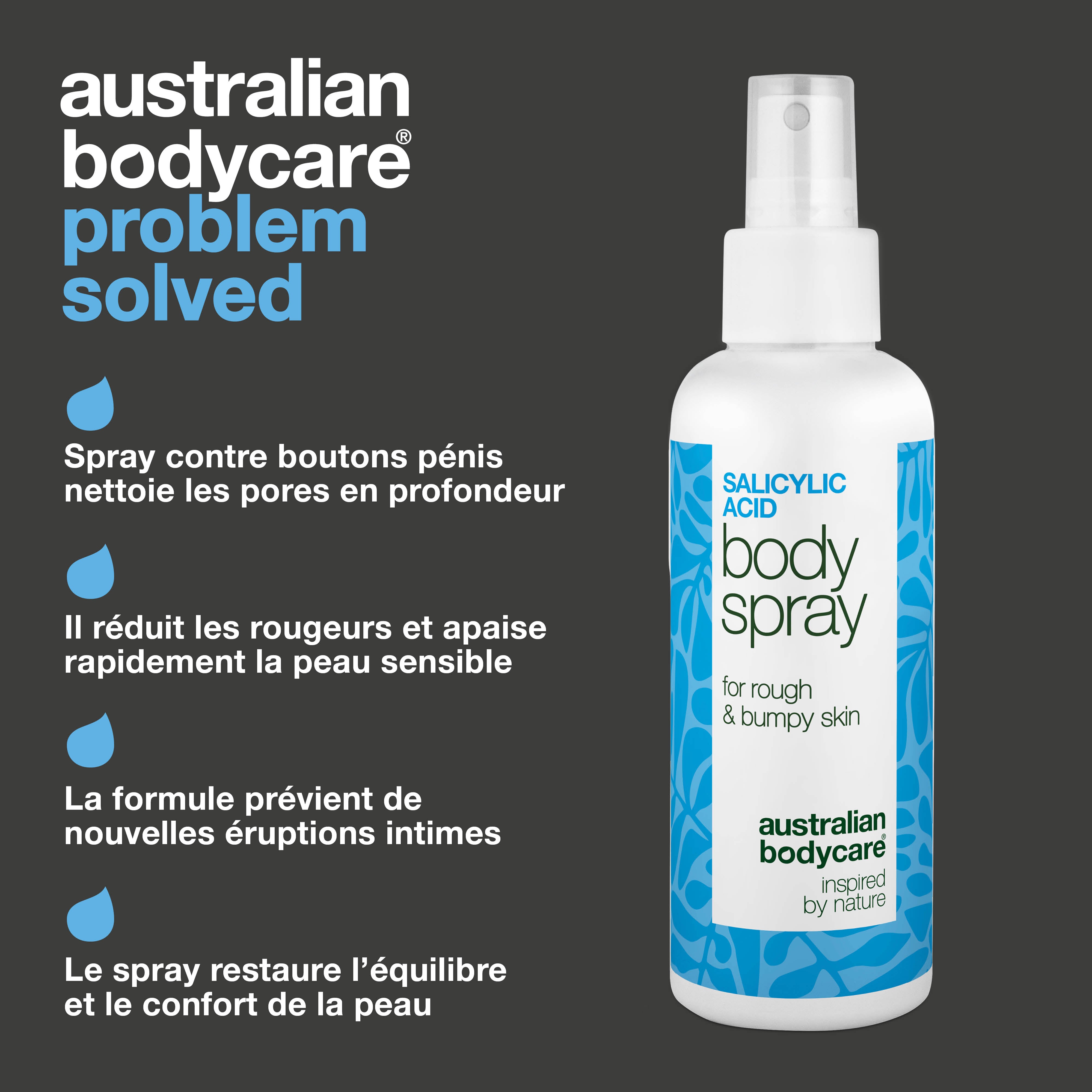 Spray pour boutons sur le pénis nettoie les pores et prévient les éruptions. Formulé avec acide salicylique, acide glycolique, glycérine, panthénol, zinc.