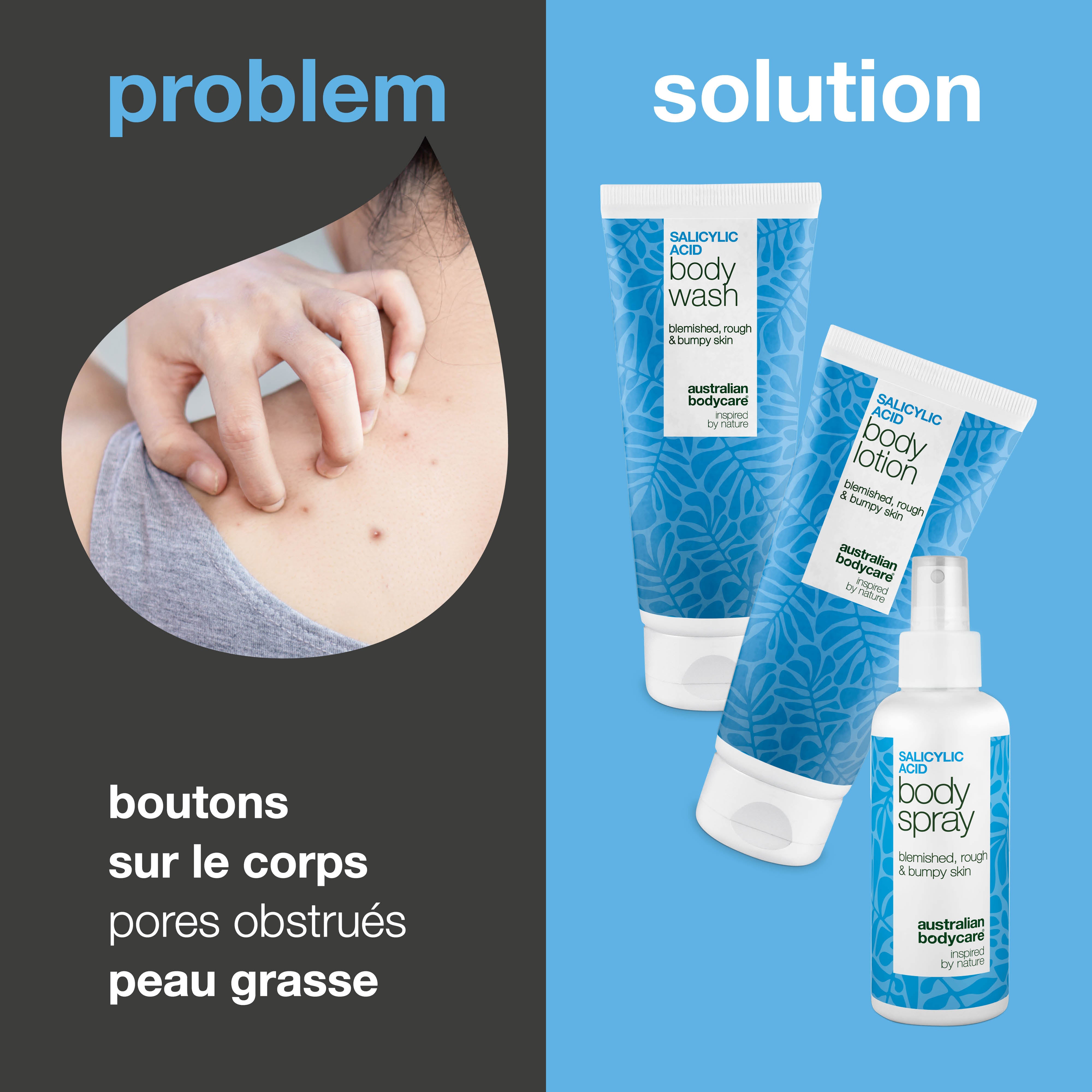 Coffret contre les boutons – routine 3 étapes à l’acide salicylique — Soin du corps pour boutons et impuretés. À base d’acide salicylique et de niacinamide pour purifier, apaiser et équilibrer la peau
