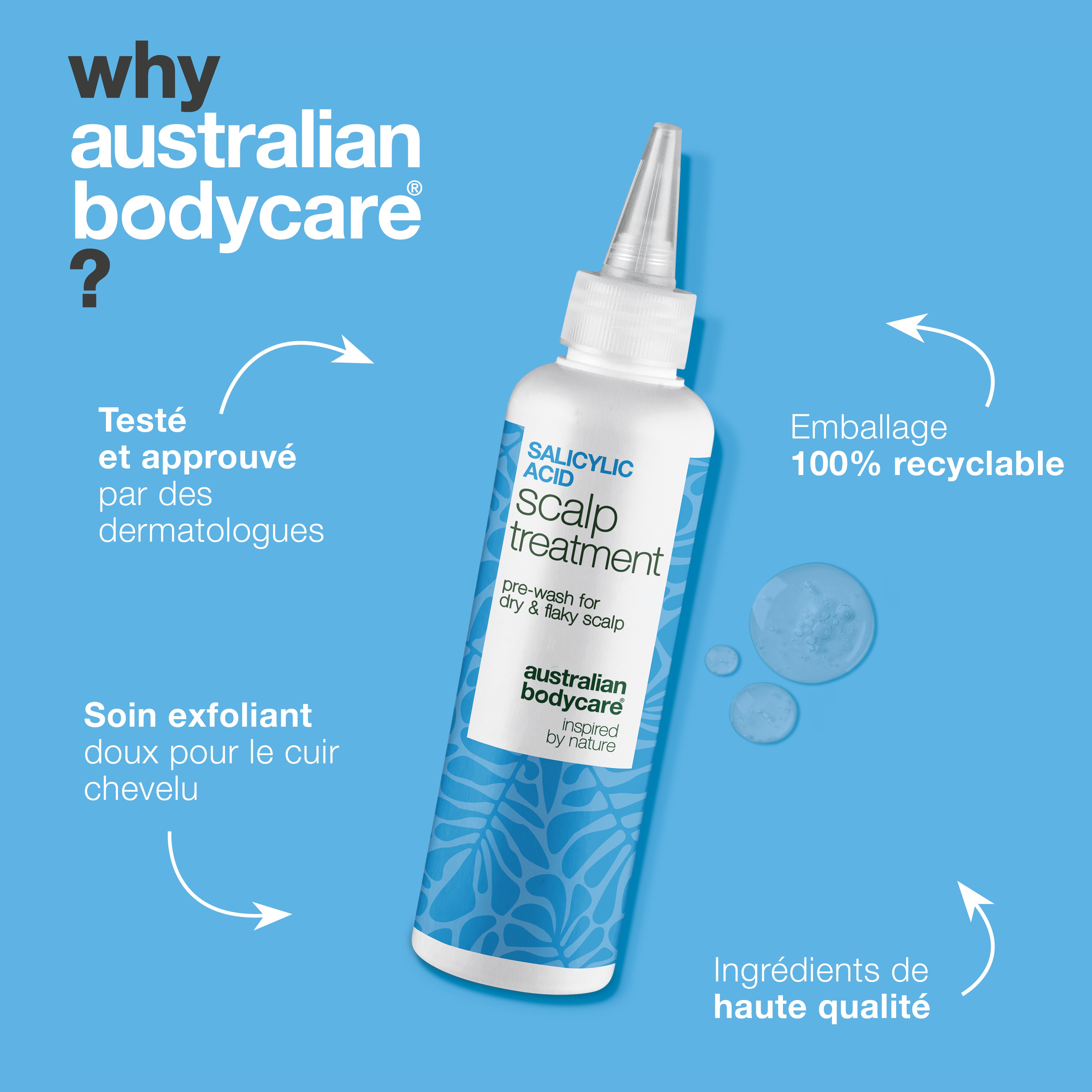 Cure cuir chevelu à l’acide salicylique anti-gras et anti-squames — Le soin à l'acide salicylique calme démangeaisons et pellicules. Avant shampooing pour exfolier à l'acide salicylique.