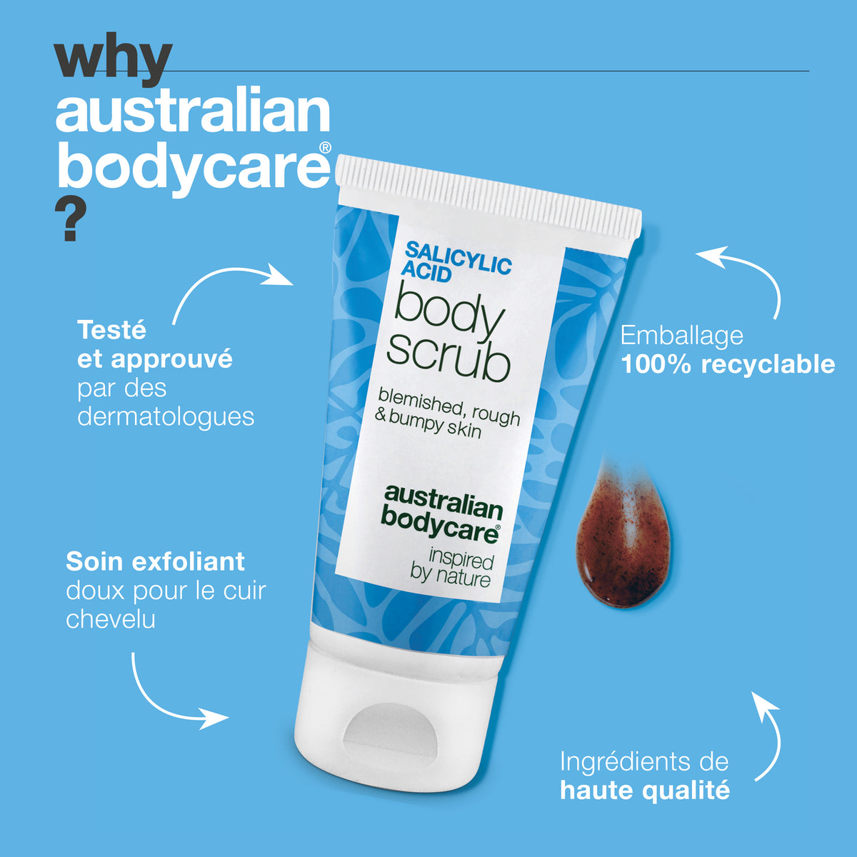 Pourquoi Australian Bodycare : le Salicylic Acid Body Scrub est testé et approuvé par des dermatologues, doux et efficace pour le corps, avec des ingrédients de haute qualité et un emballage 100 % recyclable